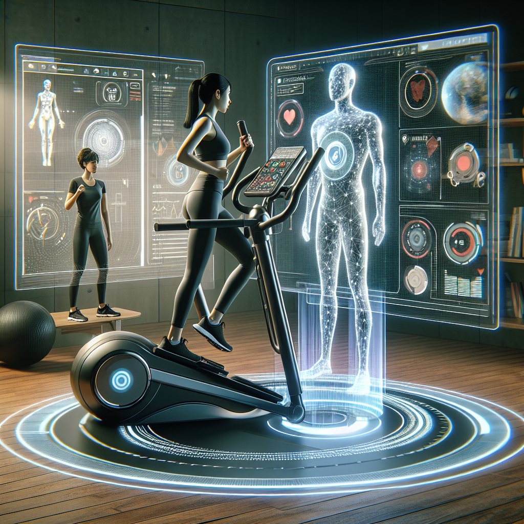 Illustrate a conceptual image representing the fusion of artificial intelligence technology and fitness. The scene features a futuristic home gym, with the centerpiece being a sophisticated elliptical machine. This machine has been integrated with AI to provide real-time workout analytics and customized training programs. The touchscreen interface displays a 3D AI avatar assisting a young Middle-Eastern woman engaged in a rigorous workout routine. Nearby, a holographic projection shows workout data and a visualization of the woman's progress. Emphasize the futuristic design and technology.