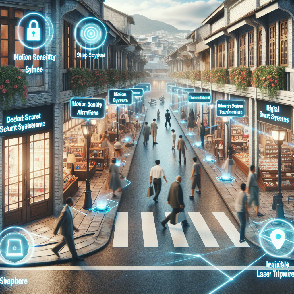 An image showcasing a bustling city street lined with small businesses, where the shop owners are fascinated and hopeful while demonstrating their new theft-deterrent technologies to the shoppers. These technologies could include advanced security camera systems, motion sensitive alarm systems, digital smart locks, and invisible laser tripwires. The scene should convey a feeling of security and confidence, with deterrent technologies incorporated seamlessly into the traditional storefronts, blending the historical charm with modern sophistication.