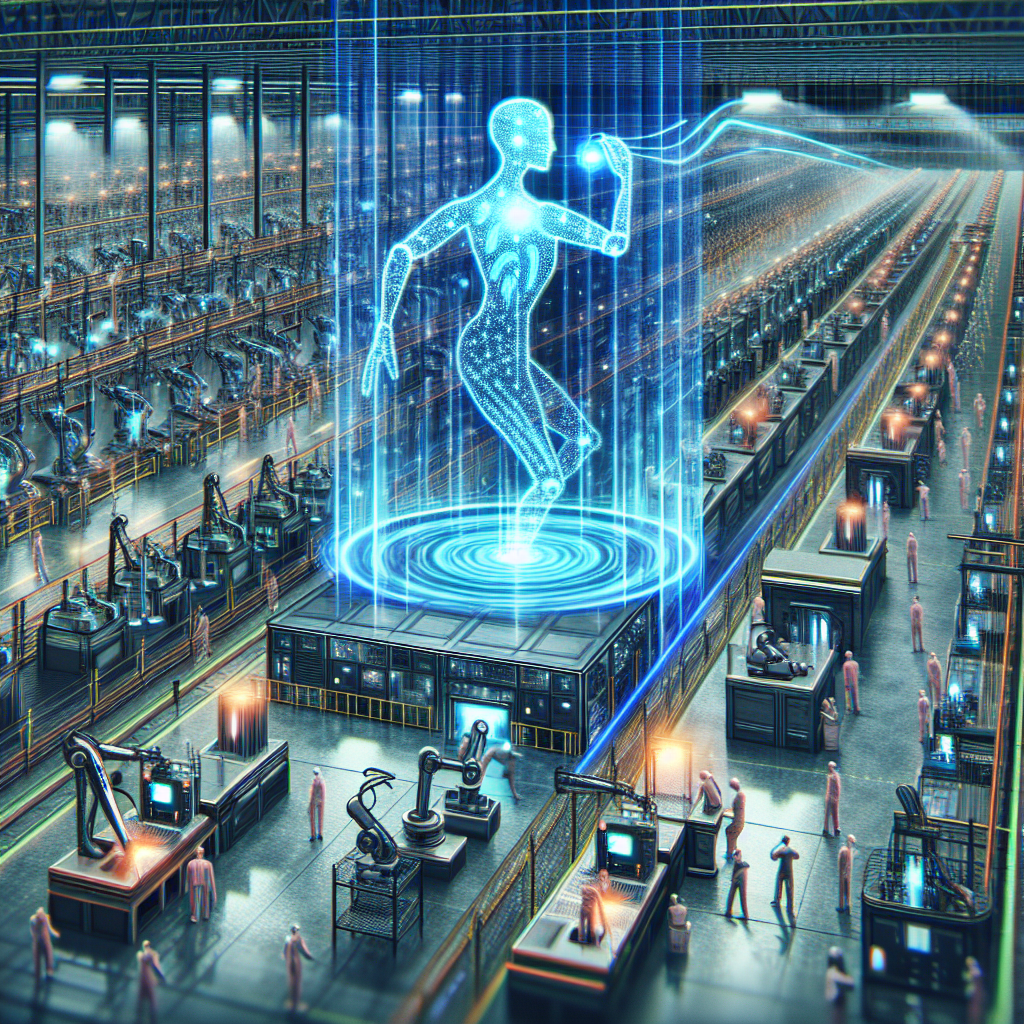 An illustrative representation of a large factory production line, with several machines engaged in repetitive tasks. The central feature of the image is a large, futuristic artificial intelligence unit, depicted as a holographic figure, orchestrating and coordinating the process. The AI figure is designed as a high-tech entity with glowing lines of codes running through it. The factory is filled with various workers of different desents and genders, marveling at the AI's performance from a safe distance behind safety barriers. The entire setting is filled with a high-tech glow, emphasizing the cutting-edge aspect of this factory.