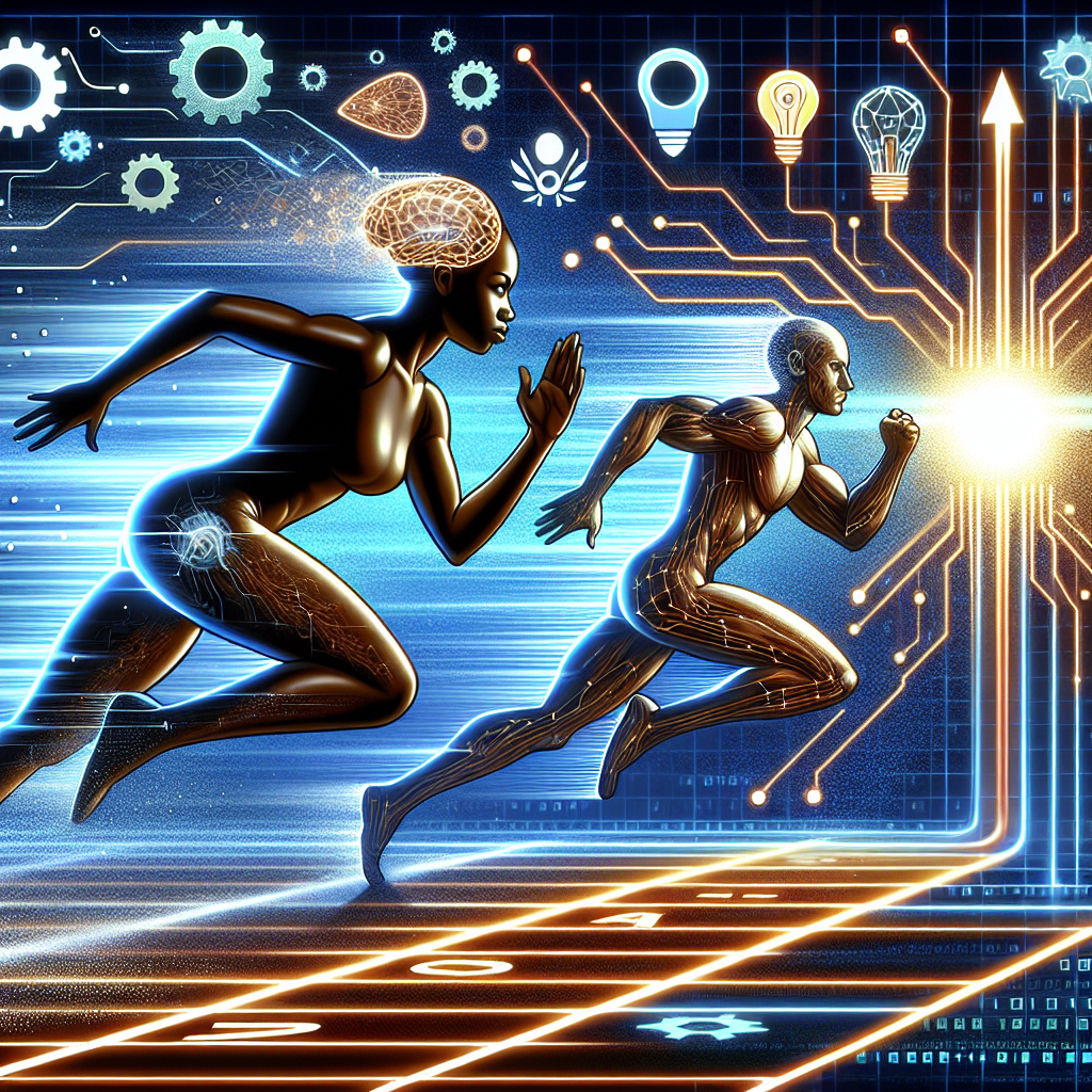 Illustrate a symbolic representation of the current rapid race to acquire AI-related website domains. The image could feature two figures, symbolizing competitors, sprinting along a digital track embedded with symbols of artificial intelligence such as gears and neural networks. The finish line is represented by a shining, coveted domain name. The figures should be diverse; one figure should be a Black female, and the other should be a Hispanic male, both exuding strength and determination. The background could be a cyberspace-inspired one filled with data streams and digital elements.