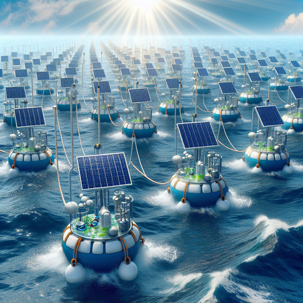 Illustrate an image of advanced sea technology, featuring an array of buoy-like machines floating upon the ocean waves. Each machine is equipped with solar panels and an intricate system of pipes and filters, in a process to desalinate seawater. The machines operate synchronously, bobbing up and down with the rhythmic motion of the waves, harnessing the kinetic energy of the sea to power the desalination process. The weather is clear, and sunrays are falling directly onto the solar panels, reflecting a brilliant shine against the backdrop of an azure sky.