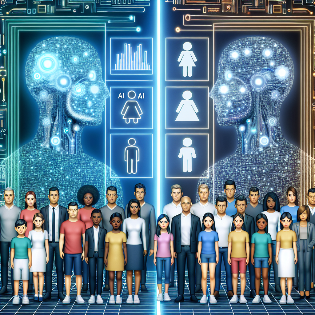An illustrative depiction of a divide in technology, showing a futuristic space with AI interfaces represented by glowing holograms. On one side, have a group of men - Caucasians, Hispanics, and Middle-Eastern, actively interacting with the AI devices. On the other side, show a fewer number of women - black, South Asian, and white, showing less interaction with the AI devices. Visualize this concept with minimal bias and a balanced approach to depict the tech gender divide.