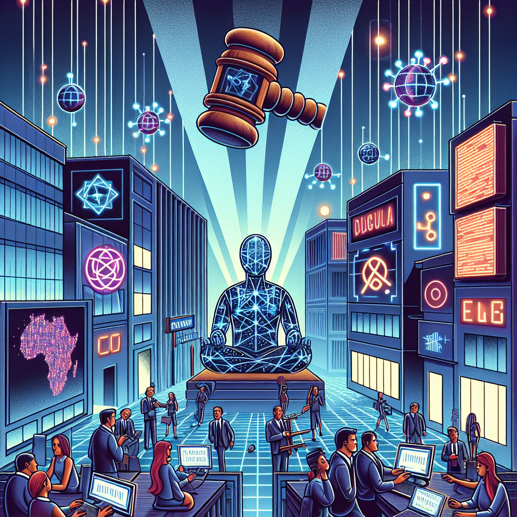 An illustration showcasing a thriving tech hub in Portugal. The scene comprises of various high tech buildings adorned with glowing signage of abstract tech logos and lines of fibre-optic cables. In the foreground, symbolism of technological advancement like a robot, digital screens displaying code, and people of diverse genders and descents engaging with futuristic devises is displayed. Suddenly, a large symbol of a gavel, representative of new tax law, strikes down amidst this scene, disrupting the harmonious tech landscape, conveying a challenge to this technological boom.