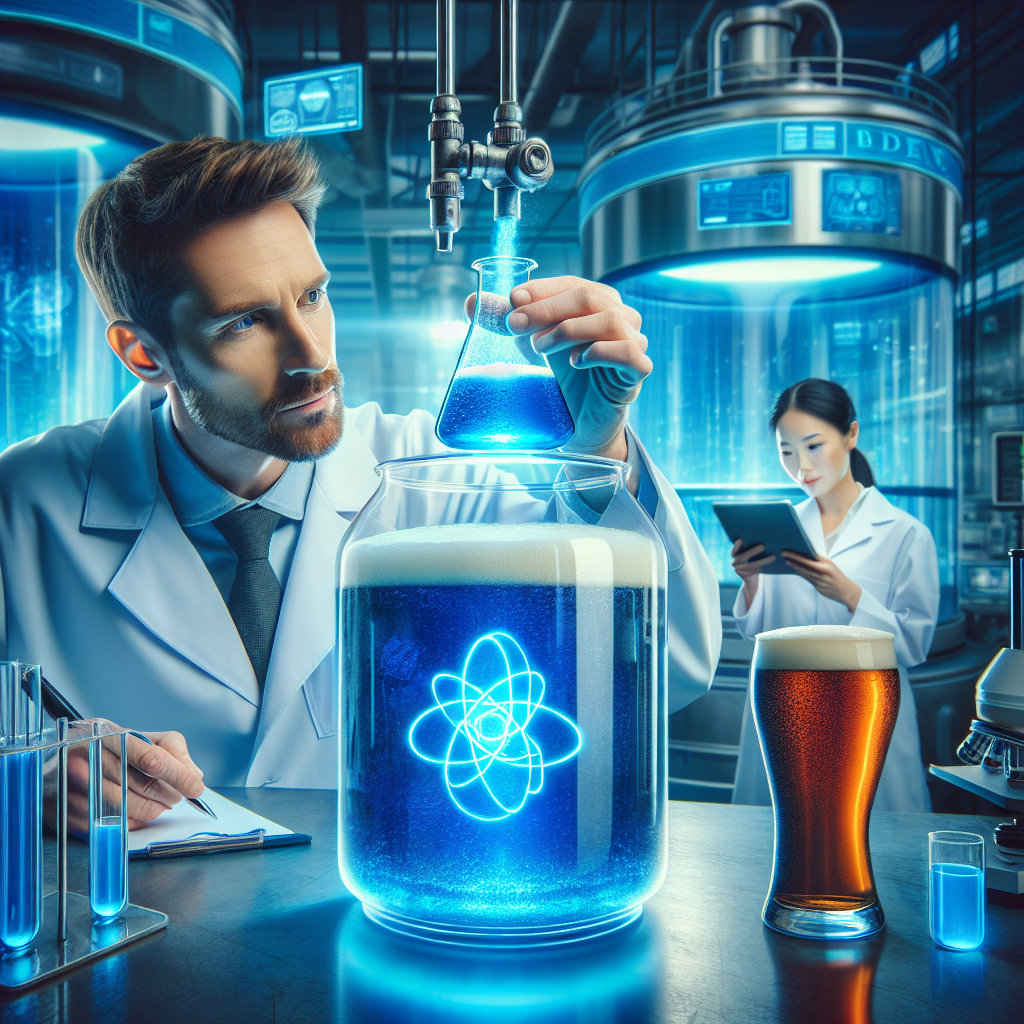 An image of a futuristic lab with glowing blue vats labeled 'GM Beer'. There's a Caucasian male scientist in a lab coat holding a beaker filled with bright blue liquid, observing it with a curious expression. In the background, an East Asian female scientist is taking notes on a digital tablet. For an extra touch of intrigue, a pint of traditional brown beer sits contrastingly on the lab table.