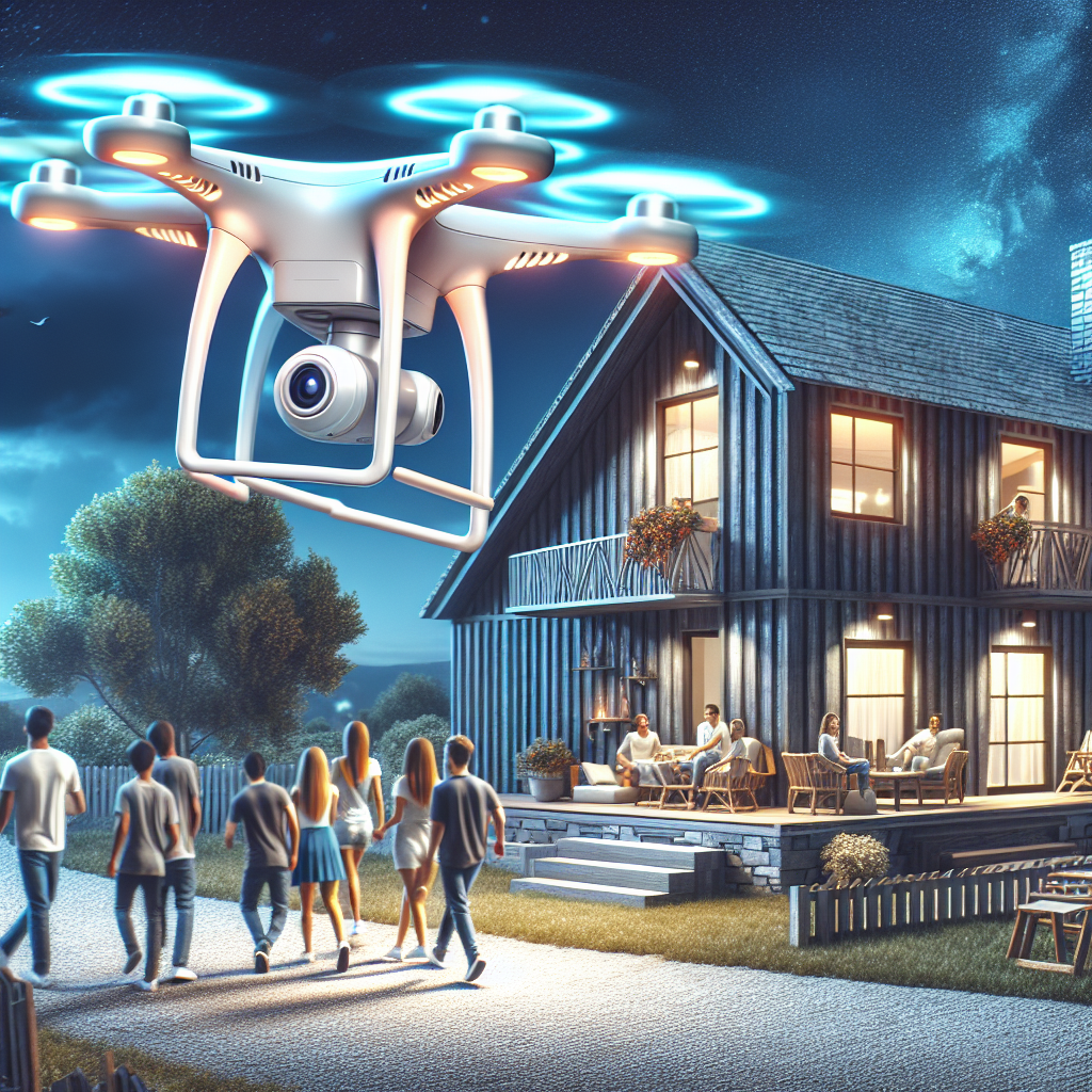 An image capturing the concept of technology intervention in social gatherings. Picture a futuristic holiday rental property equipped with AI-based surveillance systems. You see an AI-controlled drone monitoring the surrounding area and tracking unusual activity. Programme the drone to have soft glowing lights and a sleek, metallic body. A group of young people is approaching the house, their cheerful faces expressive of an imminent party. However, the drone's alert system triggers, symbolizing the prevention of unauthorized activity. Add a dash of moonlight to create a night setting.