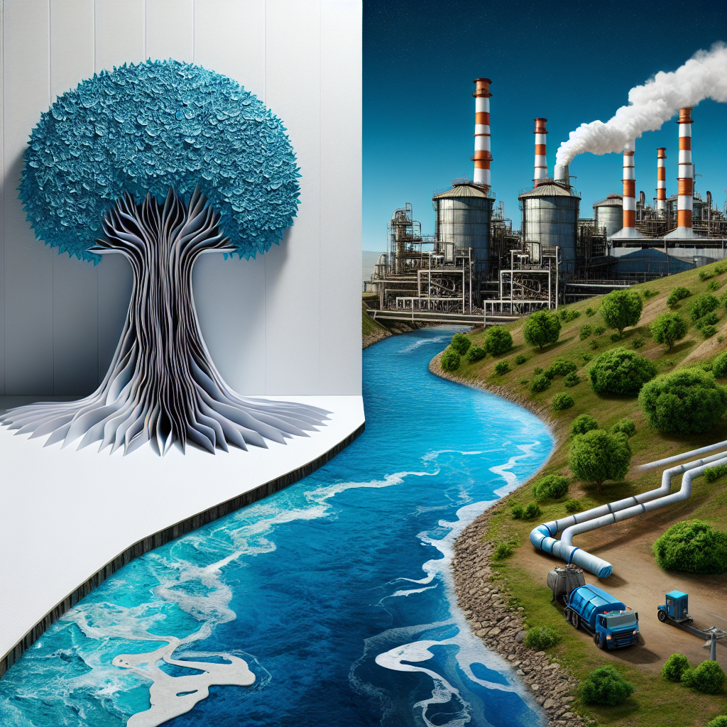 Imagine a concept art that symbolizes the environmental impact of the paper industry upon water resources. Visualize paper sheets being sculpted into the shape of a massive tree on one side of the image. On the other side, show a vibrant blue river slowly turning murky and getting narrower, hinting at water depletion. Industrial buildings discharging effluents via pipes can be subtly shown in the background. This stark contrast should render the dichotomy between paper production and water conservation.