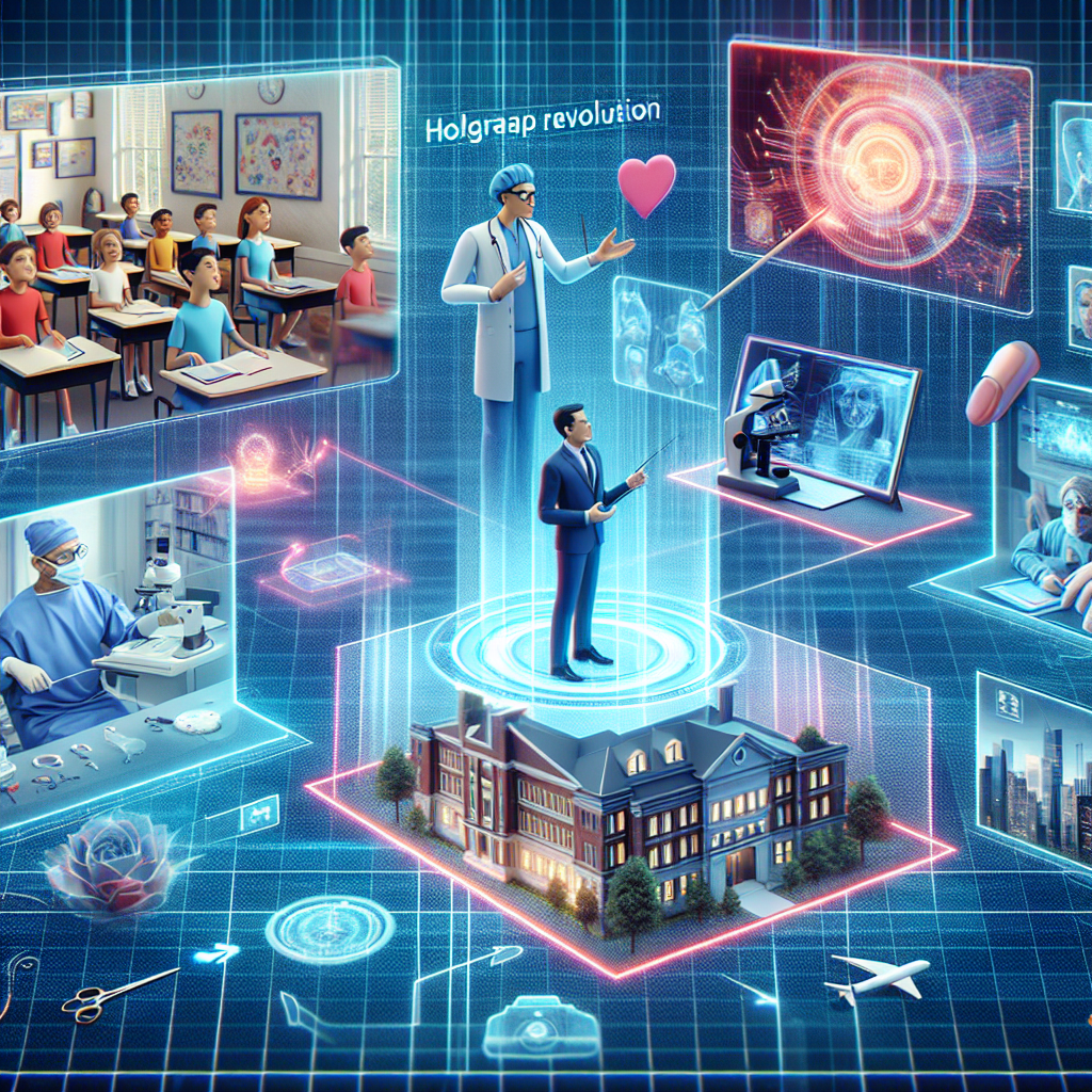 An image depicting the next wave of technological advancement: a hologram revolution. It shows a broad spectrum of applications from an array of industries. A virtual teacher is conducting class to a group of eager children, a surgeon is performing a remote operation, a man in a business suit is giving a presentation to a virtual audience, and an architect is constructing a 3D building model - all using advancements in hologram technology. These holographic images are bright, colorful, and realistic, representing the possible future of our everyday experiences.