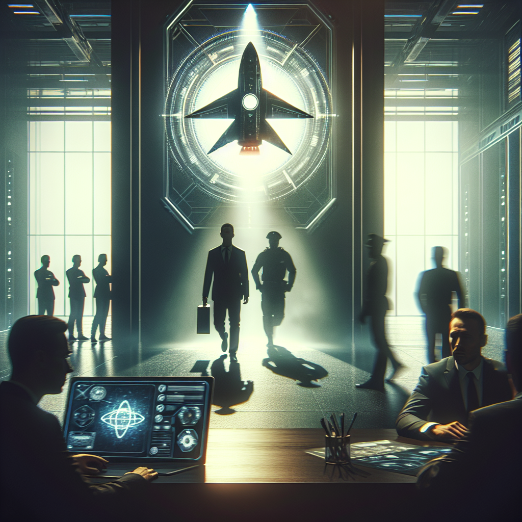 An atmospheric scene depicting a futuristic technology enterprise with a spaceship emblem in the foreground, suggesting a thriving space exploration company. The scene is tinged with tension. In the distance, an anonymous employee is shown being escorted out of the office by security. Other employees are glancing their way but quickly look down, insinuating fear of voicing out. The atmosphere is likely to represent disagreement with a commanding, unseen figure symbolizing the company leadership. The scene does not represent any specific individual or real events but embodies a theoretical corporate landscape.