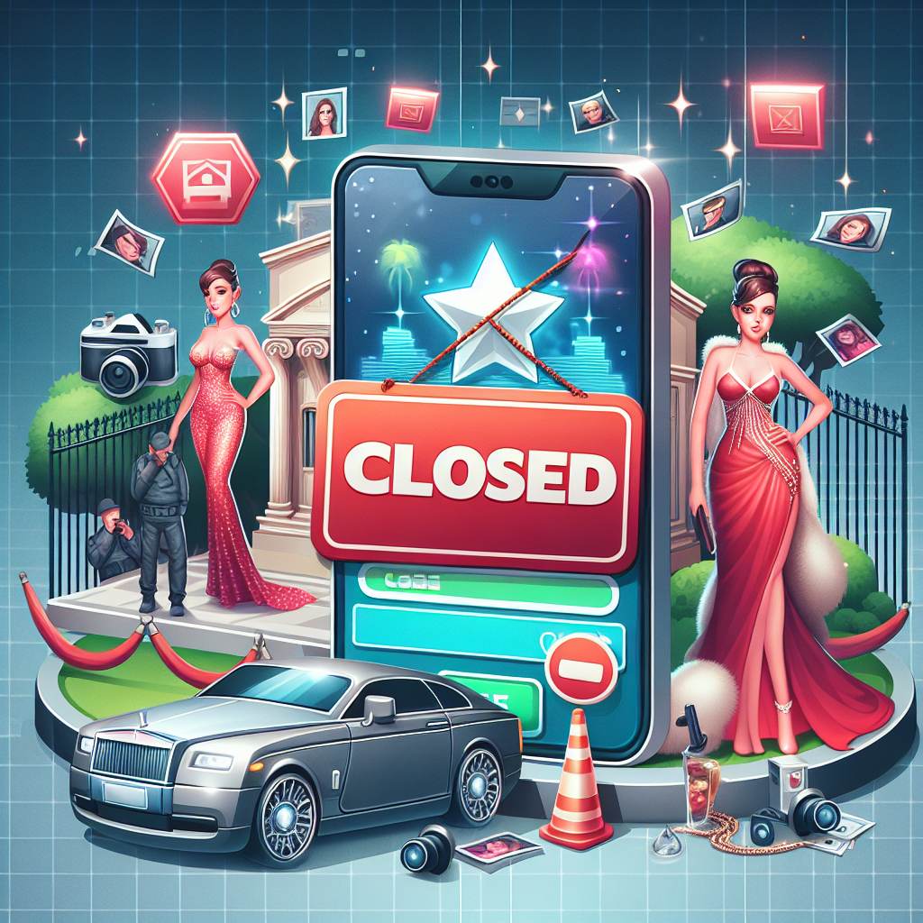 An illustrative image representing the concept of a popular mobile game, featuring elements such as glamorous outfits, expensive cars, a grand mansion, and paparazzi, indicating the life of a high-profile figure, being turned off or shut down. A large red 'closed' sign hangs over the game icon. A digital environment is pictured in the background symbolizing the technology involved in the game's creation and operation. This image does not include any specific individuals or directly mentioned names.