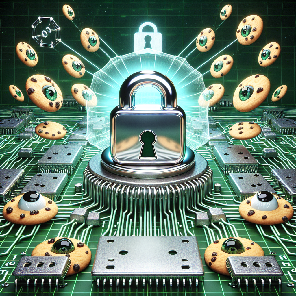 An image filled with technological elements: The central focus should be a glossy, silver, 3D-browser icon adorned with a gleaming lock clasp indicating secure browsing. It hovers above a computer motherboard, web-like data lines converging towards it implying data travel. There are multiple cookie-shaped objects with surveillance eyes, symbolic representations of data tracking cookies, being deflected away by a transparent shield radiating from the browser icon. The background is a futuristic cyberspace green grid under a binary sky, symbols of zeroes and ones floating around. The overall image graphic style should emulate modern digital art.