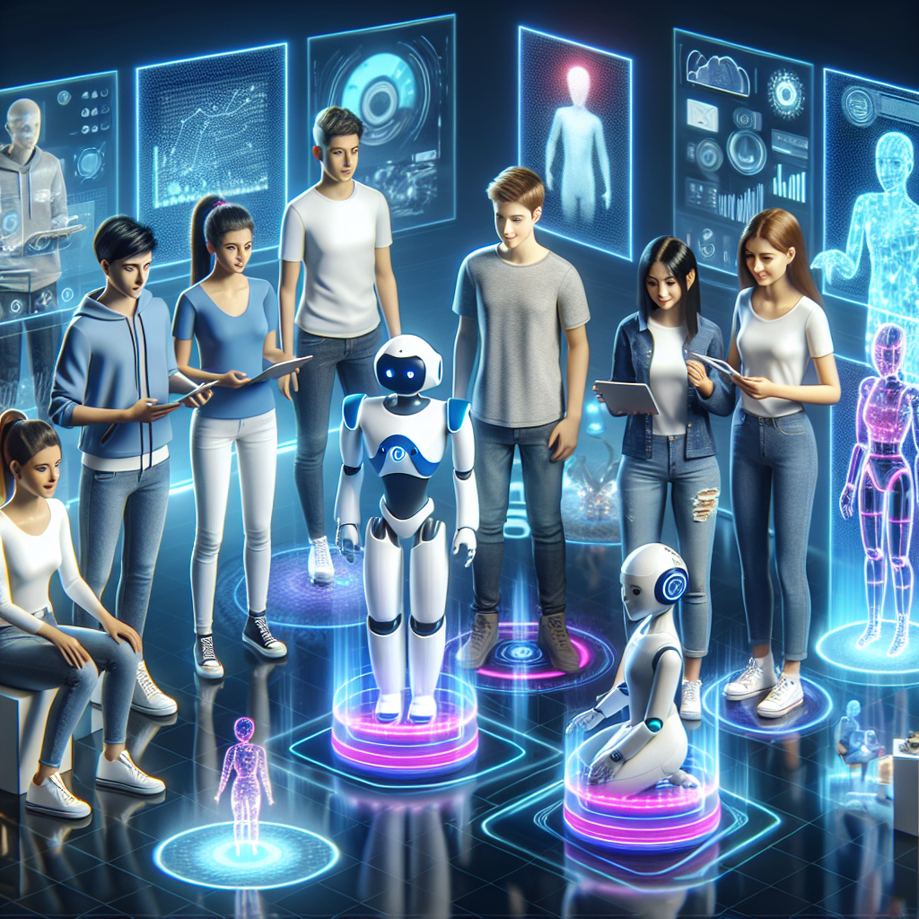 Depict a futuristic scene where young individuals of various descents, including Caucasian, Black, Asian, and Hispanic, are engaging with AI bots in a virtual environment. These AI bots should have a friendly, calming appearance suggesting their role as therapists. Surrounding them, displays of technological elements, such as holograms and light-beamed interfaces, enhance the futuristic setting. The AI bots should be seen actively interacting with the young individuals, highlighting the therapeutic relationship between humans and artificial intelligence.