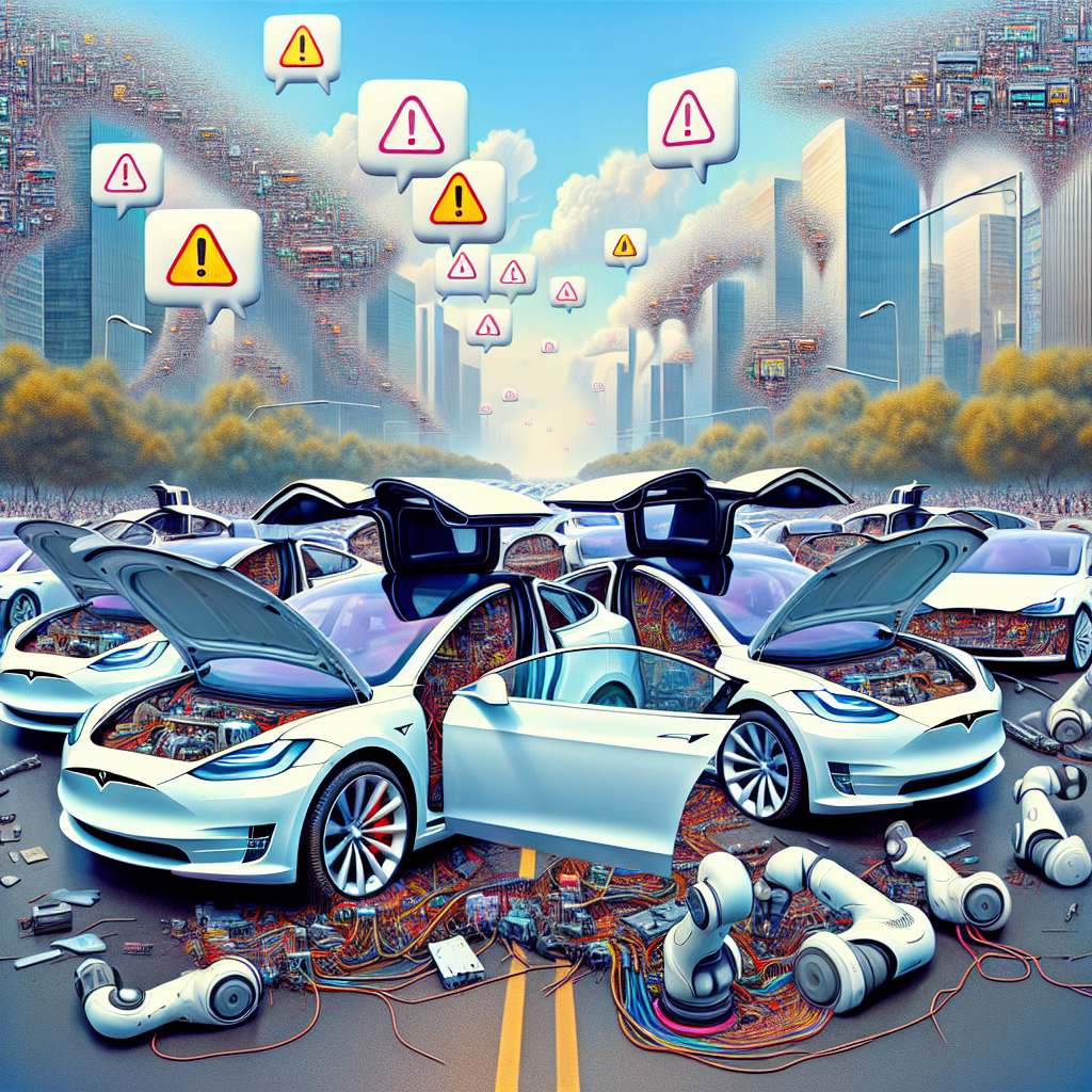 Generate an image of a group of self-driving electric vehicles, symbolizing Tesla, halted in chaotic traffic conditions in an urban setting that reflects Beijing, China's landscape. The vehicles are opened up to reveal complex wiring and computation systems, symbolizing software, and a few robotic arms are seen fixing the steering wheels. There are dialog bubbles above the cars, showing error icons, representing problems and data streams flowing in the air portraying recall issues.