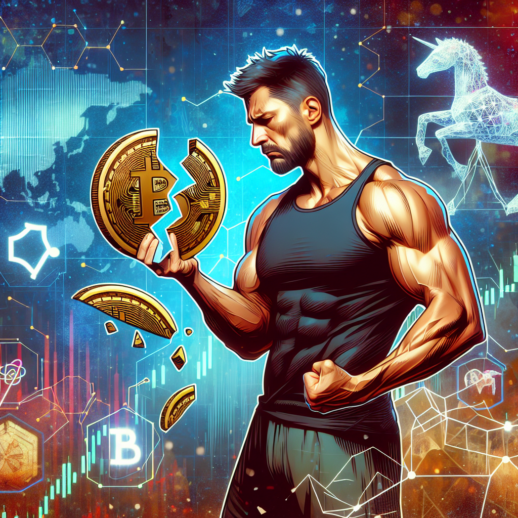 An image indicating a prominent influencer with athletic physique expressing regret while holding a broken coin representing a virtual reality zoo game. Surrounding atmosphere is filled with digital elements related to cryptocurrency and gaming, reflecting disappointment and failure. Note: Do not include any texts from the given headline.