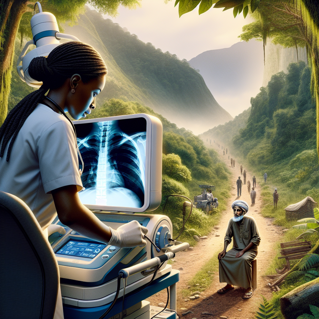 Imagine a depiction of modern technology designed for medical use in inaccessible terrains. An African American female radiologist is using a lightweight, portable X-ray machine in a natural, remote environment. A Middle-Eastern male patient is nearby, wearing a casual shirt. The radiologist is focused on the machine's screen, which displays a clear X-ray image. The surrounding environment is filled with dense green forests, steep hills, and a narrow path, emphasizing the remoteness of the location. The aura of the image represents the true power of technology bridging healthcare gaps.
