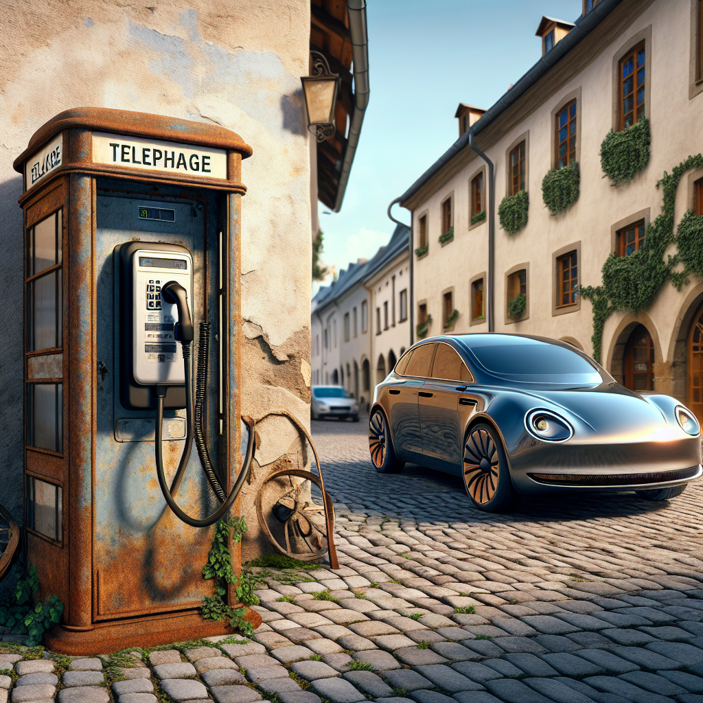 Visualize a seamless blend of vintage and futurism. Picture a discarded, rusty, old-style telephone street cabinet, often seen on cobblestone pathways of an old European town. Now, transform this obsolete telecom object into a cutting-edge electric vehicle charging station. In your imagination, see a sleek electric car parked beside it, powering up. Maintain the quaint charm of the surroundings, contrasted with the sharp edges and shiny surface of the electric car. Pay attention to the tiny details: the charging cable neatly connecting the cabinet and the car, the glow of the charging indicator, the subtle mechanical hum.