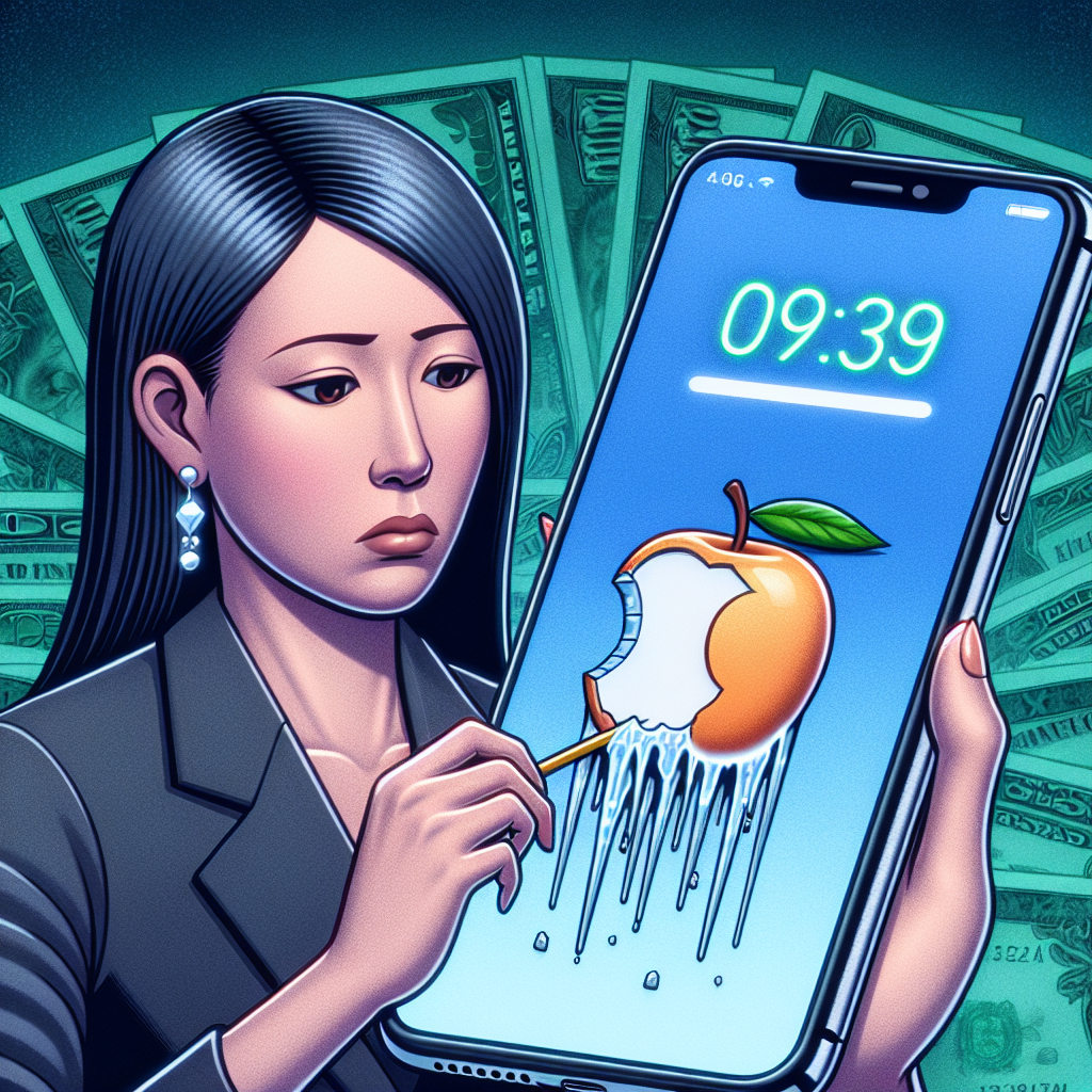 An image illustrating the concept of tech giant slowing down a smartphone. Display a sleek, modern smartphone featuring a half-eaten fruit icon being gradually encased in ice, signifying sluggish performance. The backdrop consists of dollar bills, symbolizing compensation. A somber-faced user is struggling with the slow smartphone. The user is an East Asian woman in her early 30s, clothed in business attire, emphasizing the professional impact of the situation.