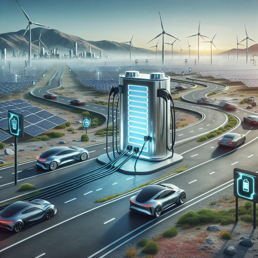 Imagine a futuristic landscape filled with advanced electric vehicle charging stations. Desolate, winding roads sprawl out into the distance with zero-emission cars of different models, sizes, and colors whizzing past. Solar panels line the roads and wind turbines stand tall in the background, symbolizing the eco-friendly energy sources used to power the vehicles. An enormous metallic structure in the shape of a battery rises in the skyline, acting as a central charging hub. Digital signs with icons representing battery levels and usage indicate the availability and demand of charging stations.