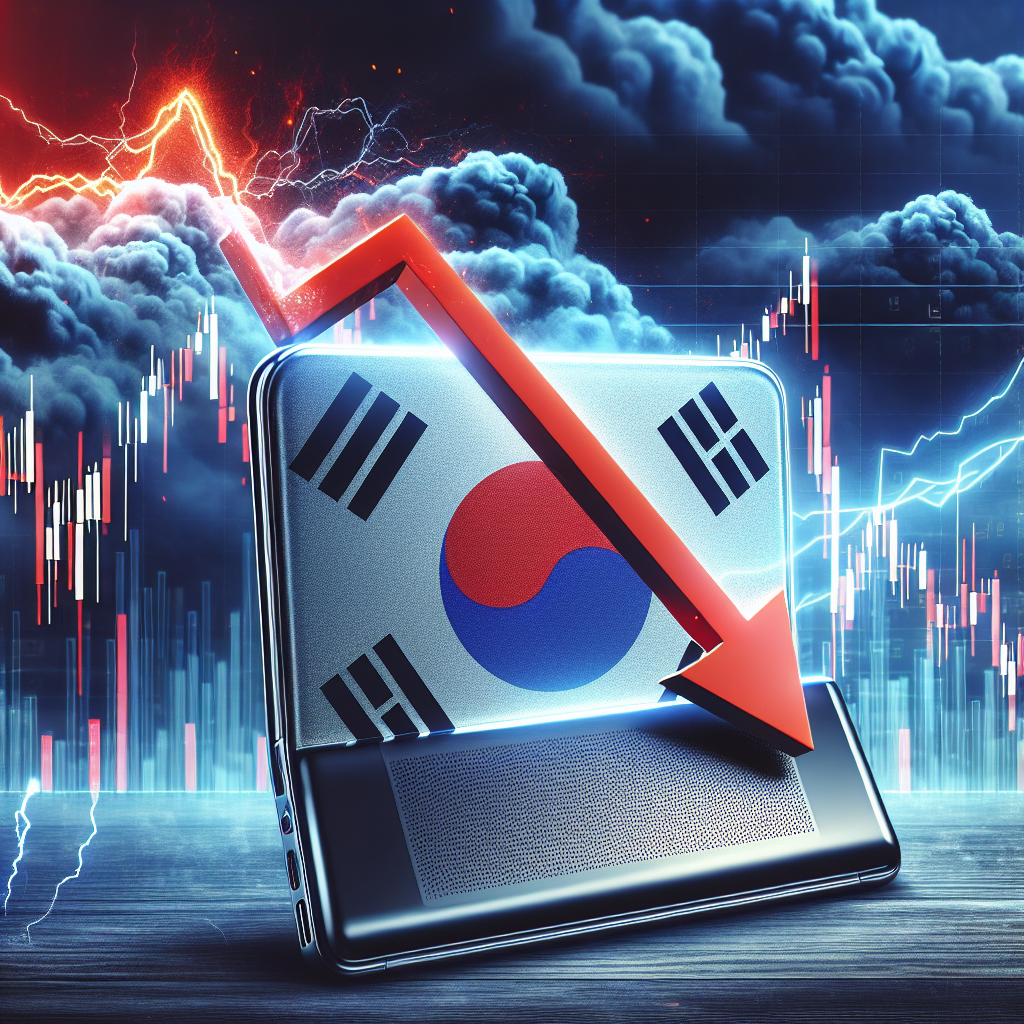 Visualize an abstract concept: An electronic device with a South Korean logo appears to be in a sharp decline, symbolizing a downward trajectory in financial earnings. Behind it, a backdrop of a stock market chart in red, indicating it's falling. Blend this scene with the metaphor of stormy weather, which represents a warning and a worse than expected situation.
