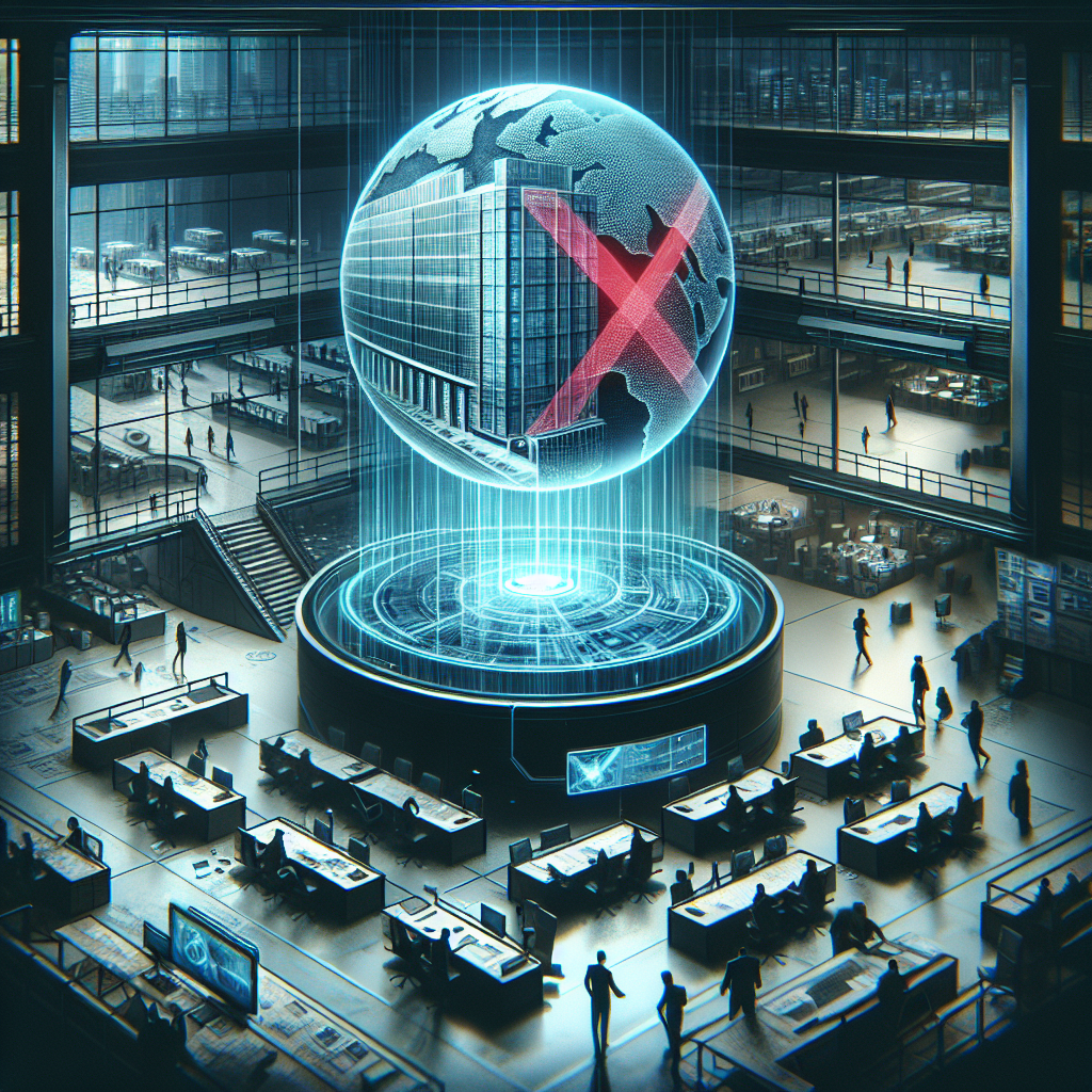 A visualization depicting a futuristic office environment with a holographic projector in the center. The projector displays a 3D model of a large, impressive sphere-shaped building. The office is filled with people of various descents, some huddled around the projector, some hurrying with documents in their hands. Suddenly, a holographic red 'x' appears on the sphere model, indicating the plan's withdrawal. The scene captures the state-of-the-art technology and a sudden change in plans, without the use of words from the headline.