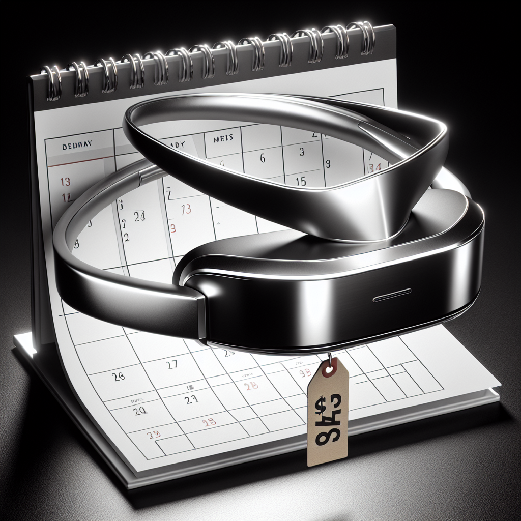 An innovative high-tech headset designed to symbolize cutting-edge technology. The headset glistens with a polished aluminum finish, streamlined design, and high-end detailing. A price tag of $3499 dangles from it, reflecting its premium status. The calendar in the background suggests an imminent announcement date.