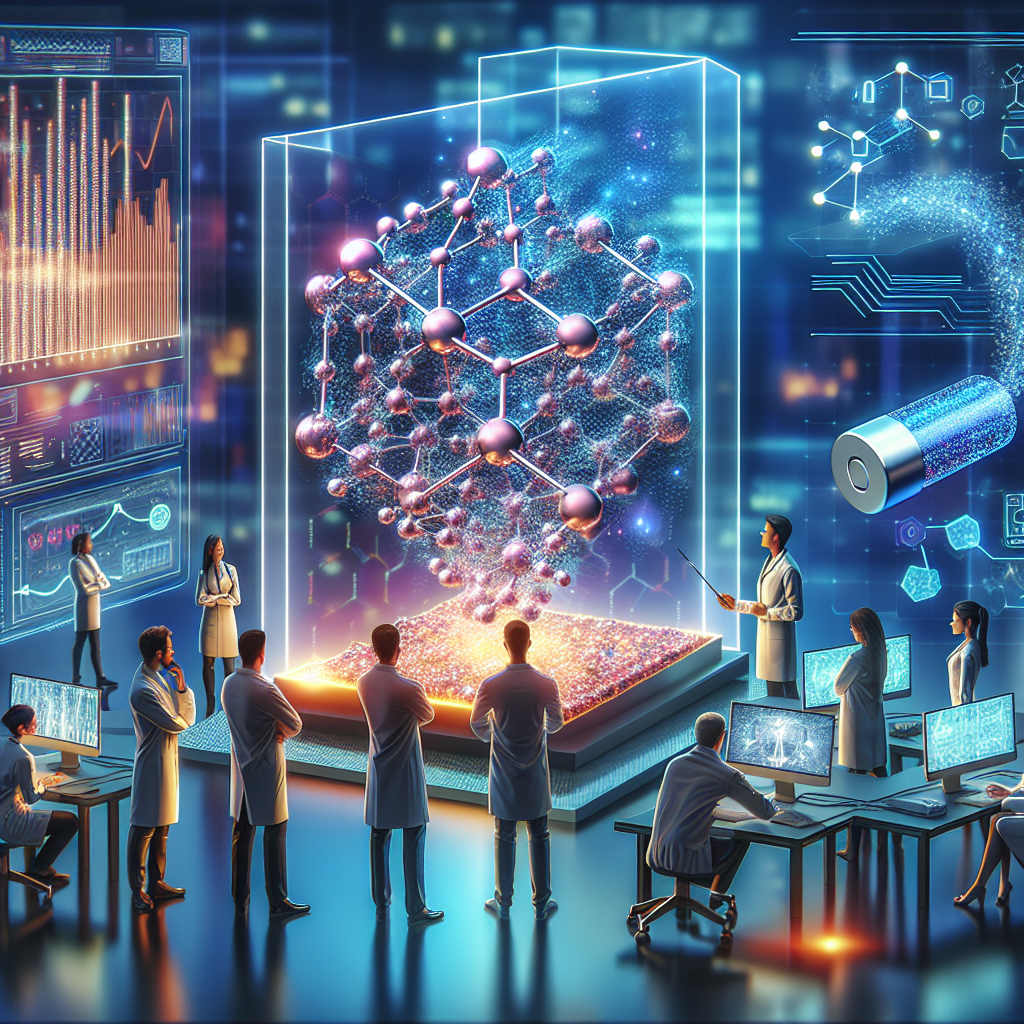 Illustrate an innovative scene in a high-tech laboratory. Show a team of diverse scientists observing a 3D hologram display of a new material's molecular structure. This material is portrayed glowing and flaunting its unique form, hinting at its breakthrough value. Simultaneously, depict the AI system in the corner of the scene, it's a large advanced computer with streams of data representing its algorithms. In the background, provide a visual hint portraying a decline in the usage of lithium elements, possibly through a depicted lithium battery with a decreasing graph above.