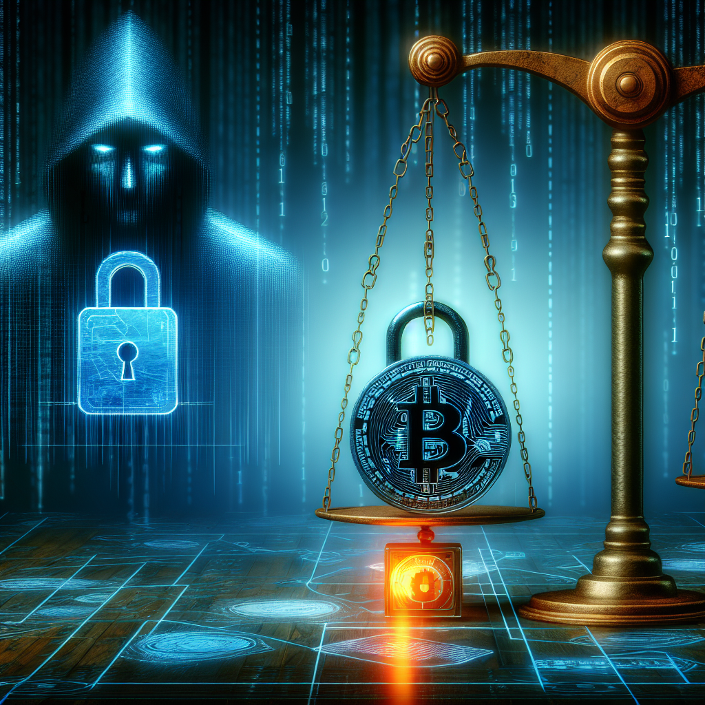 Illustrate an abstract concept representing technological encryption and finance, represented by a symbolic Bitcoin icon placed on a pendulum swinging back and forth. Show a mysterious figure in the background, alluding to a cyber watchdog, with his eyes fixated on a glowing digital account with a symbolic lock on it that appears to be broken, signifying a compromised status.