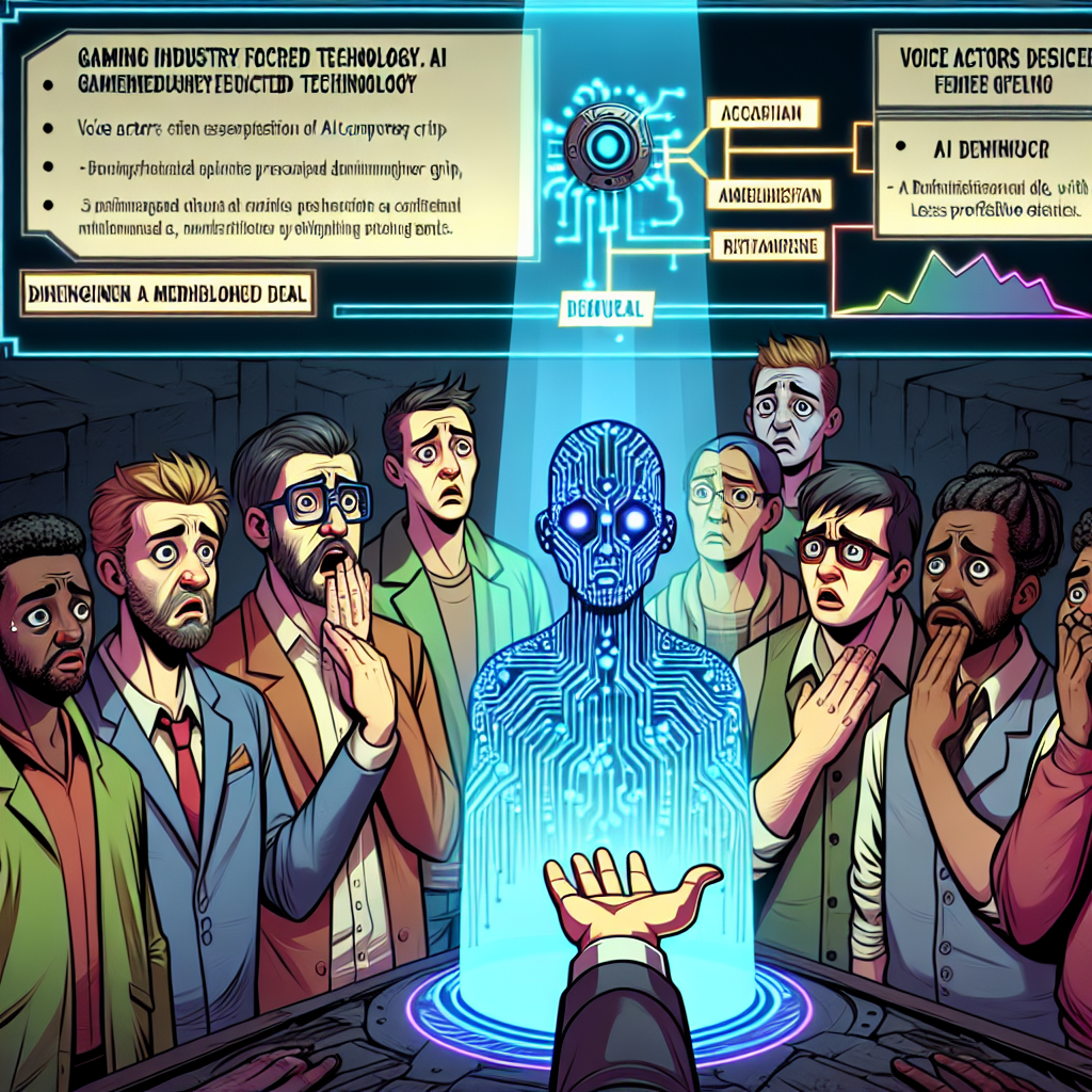 Create a detailed image depicting the concept of gaming industry focused technology. It should include a group of voice actors who look surprised and disappointed. Their focus should be directed towards a futuristic representation of AI technology, indicated by a holographic projection of a malfunctioning computer chip or an AI entity. The image should also display a symbolic representation of a mediocre deal, indicated by a diminishing line graph or a contract with less profitable terms. Remember to imagine a variety of desolation for the voice actors in the image, including Caucasians, Black, Hispanic, Middle-Eastern, and South Asian individuals equally.