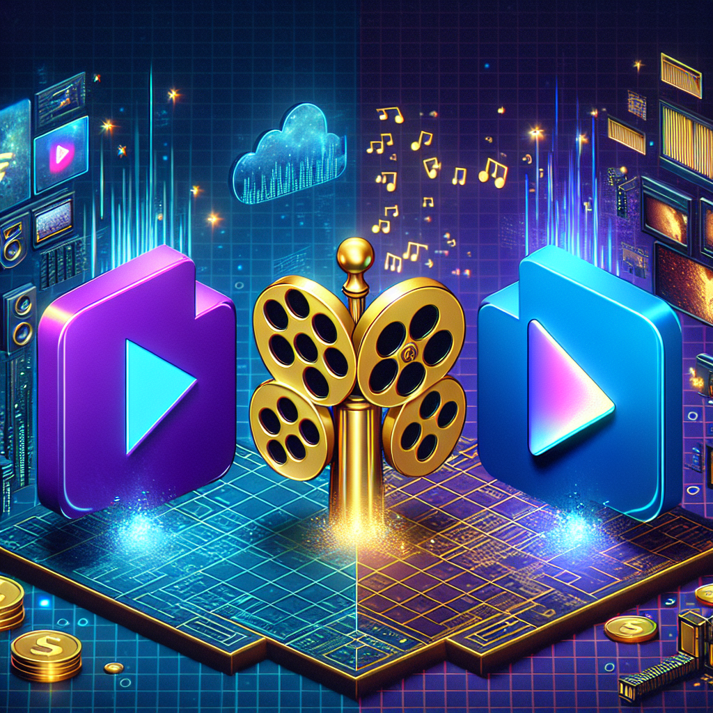 Display an illustration of a symbolic representation of reducing workforce in three different digital platforms. The first indicator is a playful, purple symbol indicating a livestreaming platform, the second symbol is a historic golden film roll signifying a legendary production studio and the third could be a shiny blue play button representing a streaming service. The symbols could be shown as if being cut in half to represent job cuts. Include elements such as digital screens, data flowing, servers, and futuristic cityscape to create a tech-focused atmosphere.