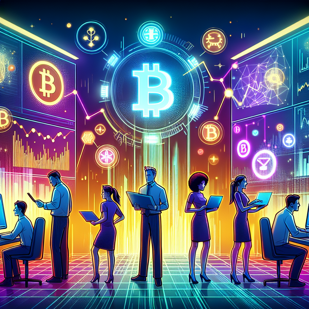 Illustrate a futuristic concept that depicts the fusion of finance and technology. Picture a group of diverse people, including a Caucasian man, a Middle-Eastern woman, a South Asian man and a Black woman, in front of computer screens showing graphs, charts and data visualizations. There are symbols for Bitcoin and other cryptocurrencies scattered around. Additionally, illustrate some visually abstract representations of 'Exchange-traded Funds' - perhaps as illuminated pathways or doorways in the virtual space that the characters are exploring. The setting is vibrant to reflect the technology and crypto-investing theme. Furthermore, the tones of anticipation, exploration and discovery are palpable.