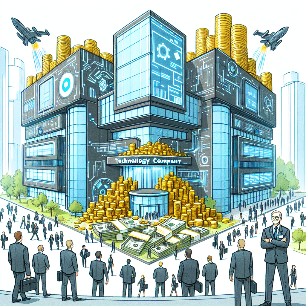 Illustrate a symbol of technology prosperity. Draw a large, contemporary tech company building, with futuristic designs and bustling activity around it. Depict piles of gold coins and bills overflowing from the entrance, symbolizing the company's immense wealth. Add a group of employees happily walking towards the building with job badges on, representing a place with no need for job cuts. Beside the scene, show a union representative standing with arms crossed, expressing contentment and satisfaction.
