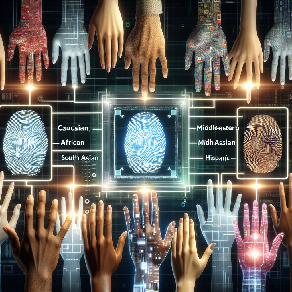 Illustrate an image depicting a scene with various human hands of different descents such as Caucasian, African, Middle-Eastern, South Asian and Hispanic, each scanning their fingerprints into a futuristic artificial intelligence system. The AI system is shown to display identical pattern output for all fingerprints being scanned, suggesting that they might not be as unique as previously thought. To hint this, use light beams and digital numeric patterns in a creative, technological fashion.