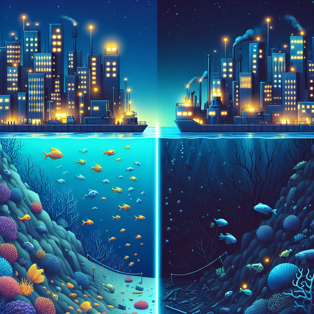 Illustrate a contrasting image that embodies the theme of seabed mining. On one side of the image, depict a bustling underwater city, illuminated with neon lights and active machinery, conveying the progress and economic prosperity brought about by seabed mining. Inhabitants should represent a diverse mix of races and genders, illustrating the broad impact and benefits. On the other side, depict the damage to marine life and the aquatic environment - dark, murky waters, dead fish floating along, and broken coral reefs. Place a barrier, symbolizing the controversy, between the city and the damage to the aquatic environment.