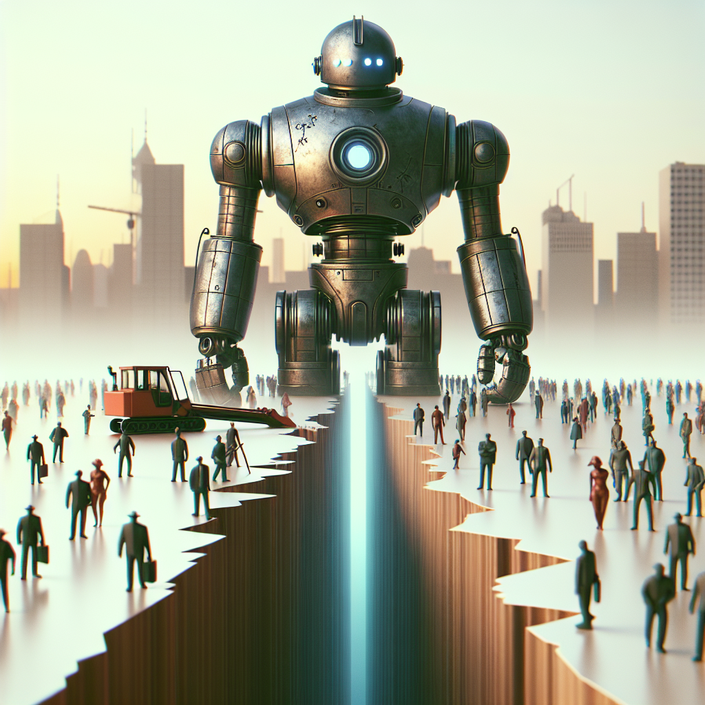 A thought-provoking image representing the impact of artificial intelligence on the job market. Visualize a large metallic robot, evoking the notion of AI, showing its dominance on the employment sector. Portray about 40% of miniature human figures seen as jobholders being replaced or overshadowed by the robotic machinery. To highlight the increase in inequality, show a chasm or gap splitting the ground between the human figures. Convey the general climate of uncertainty with a mix of muted and bright colors.