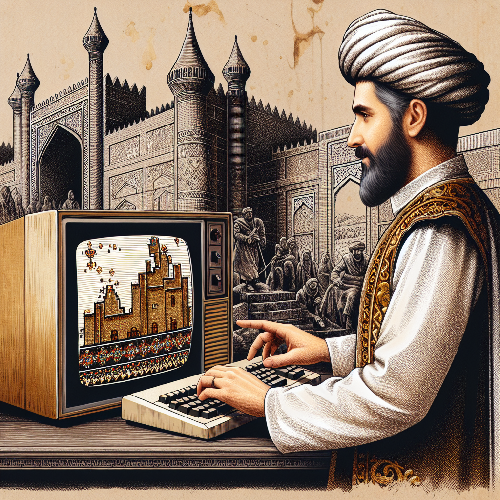 An illustrative depiction of a man, dressed in traditional Persian attire, standing in front of a vintage, aged computer. His fingers are elegantly pressing the keys, symbolizing him as the voice behind a newly released classic video game. Traditional Persian elements can be seen in the background to give an atmosphere of antiquity. The computer screen displays an ancient Persian city with pixelated game characters, reflecting the heart of an old-school game infused with modern technology.