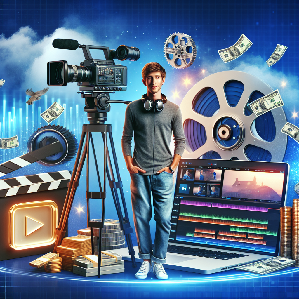 An image showcasing a modern technology scene with well-known visual elements representing the world of content creation and video blogging. Picture a large video camera on a tripod, an open laptop with video editing software, stack of cash, and a golden play button. Use vibrant colors for the background, perhaps blue and white symbolizing the platform's theme. The central figure is a charismatic, casual dressed young gentleman with headphones around his neck, holding a microphone in one hand and a clapperboard in the other.