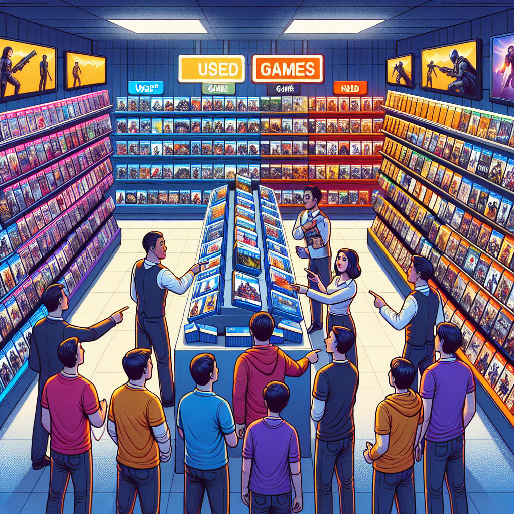 Create an image illustrating an electronics store that typically sells video games, where all sections are brightly illuminated showing a variety of new games, except for the used game section, which has been dimmed out and unapproachable. The shelves are full of colorful, wrapped game boxes and the screens are showing the trailers of new releases. The employees, a South Asian woman and a Hispanic man, are seen helping eager customers of different races and genders, pointing towards the new releases.