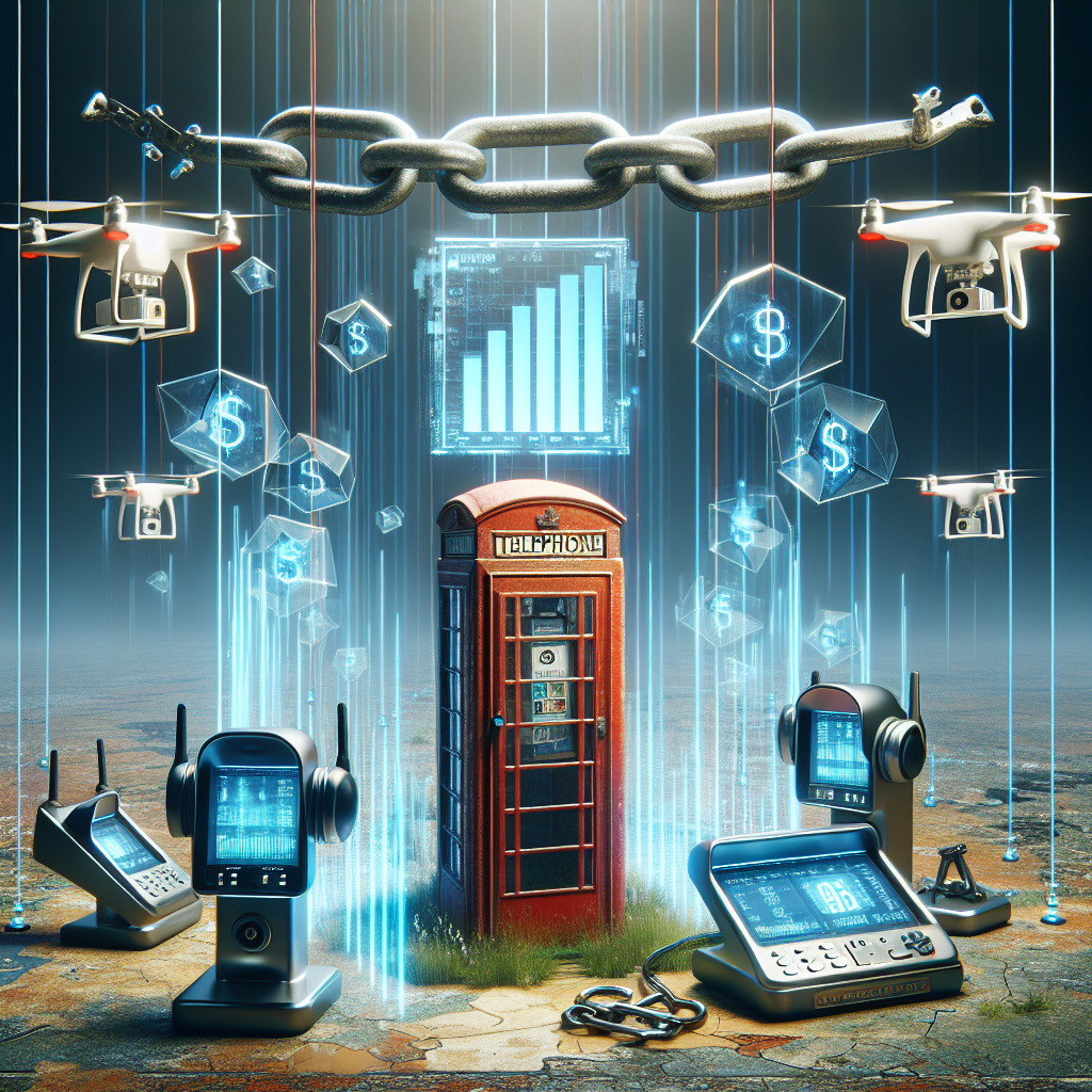Generate an image depicting a futuristic telecommunications scene. Show a vintage British-style payphone booth surrounded by a group of high-tech devices, including drones and holographic screens that display a bar graph, showing falling prices and a dollar sign. Include a broken chain link above the booth symbolizing the cessation of contract bindings. The atmosphere should be filled with an optimistic vibe embodying progress and freedom.