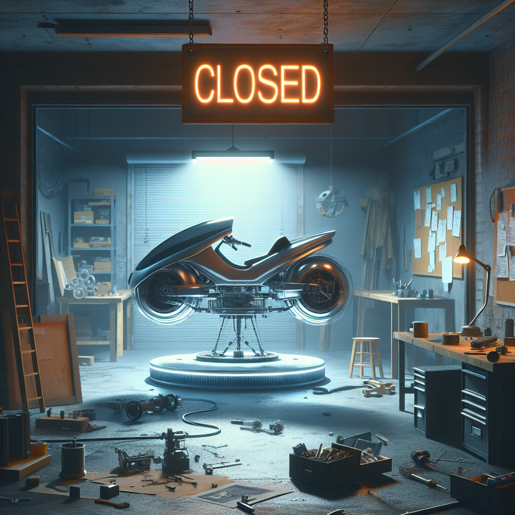An illustrative scene portraying a futuristic hoverbike from the start-up 'ALI Technologies' that is now closed. The scene showcases the high-tech hoverbike in the middle of a dimly lit, empty workshop with half-completed projects and tools in the background. In the foreground, a 'closed' sign hangs ominously on the front door. The hoverbike itself, once a symbol of innovation and progress, now appears abandoned and incomplete, hinting their financial difficulties without explicitly stating bankruptcy.