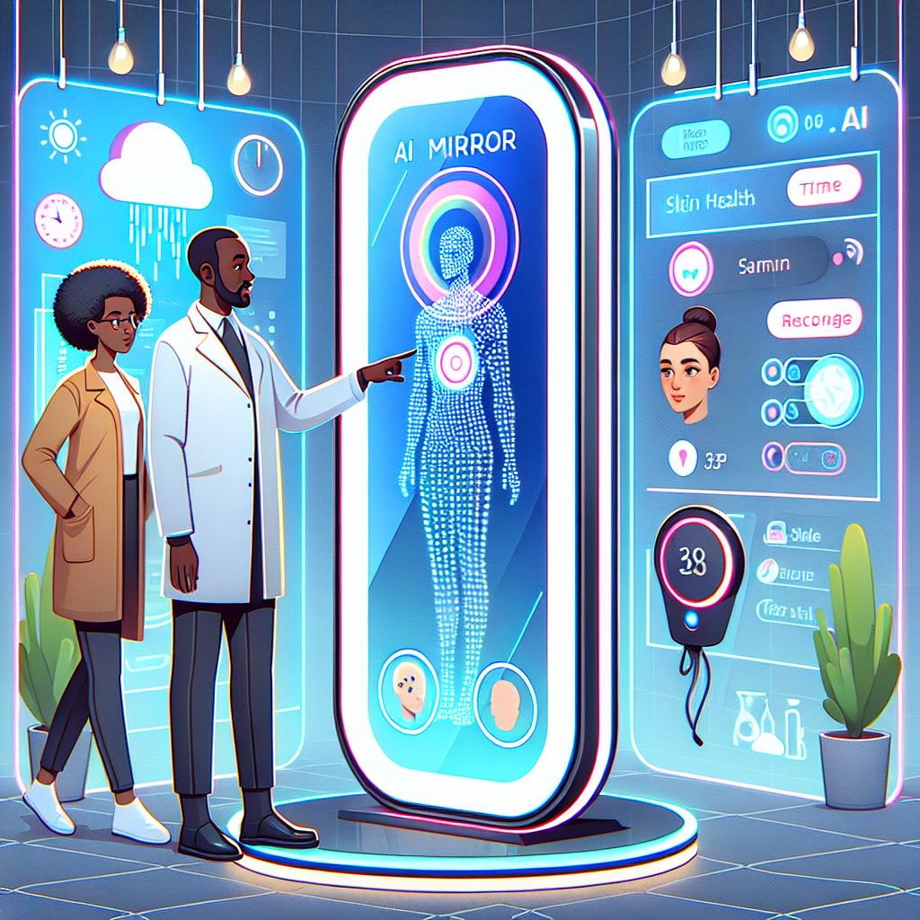 Illustration of an AI-assisted mirror set up at a technology exhibition. The mirror is sleek, surrounded by neon lights and features a futuristic design. Its screen is displaying several interactive elements such as a weather forecast, time and a skin health scanner. An African man in technologist attire is examining the mirror while a Caucasian woman, a fellow technology enthusiast, is watching the insightful health advice that the AI mirror is providing.