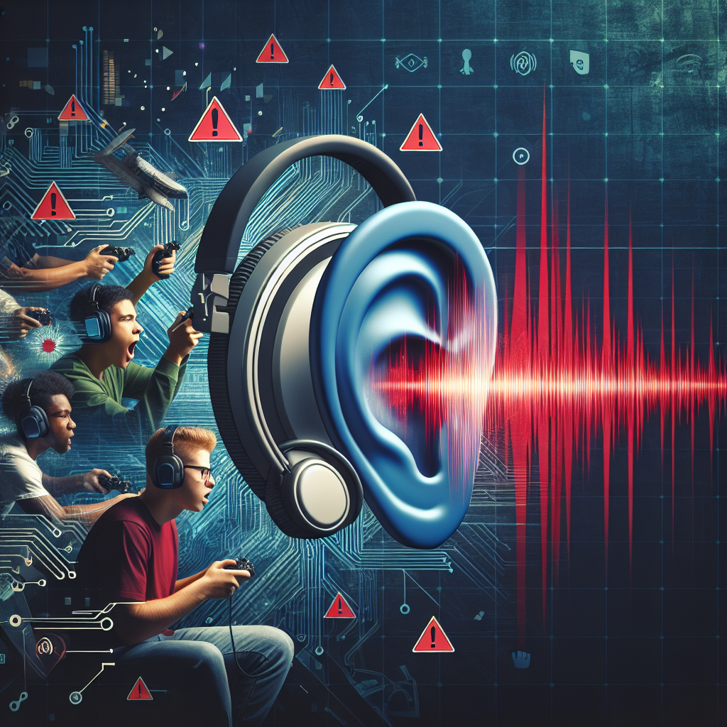 Create an image that represents a technological setting associated with gaming. The picture should depict a diverse group of people absorbed in playing video games with headphones, expressing concern on their faces. Also incorporate an arbitrary visual element that symbolically signifies hearing damage, such as an ear with visible sound waves and a shuttering red symbol, exuding alarm around the possible risks.