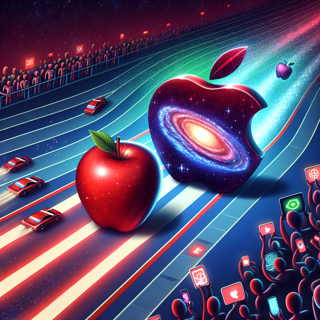 Illustrate an abstract representation illustrating the concept of a red apple overtaking a symbol symbolizing galaxy. The apple and the galaxy symbol are on a race track, representing technology and innovation. The racetrack fills with spectators, digital devices, and tech elements. The apple is depicted to be leading the race, symbolically showcasing the news while complying with policies to avoid explicit references.