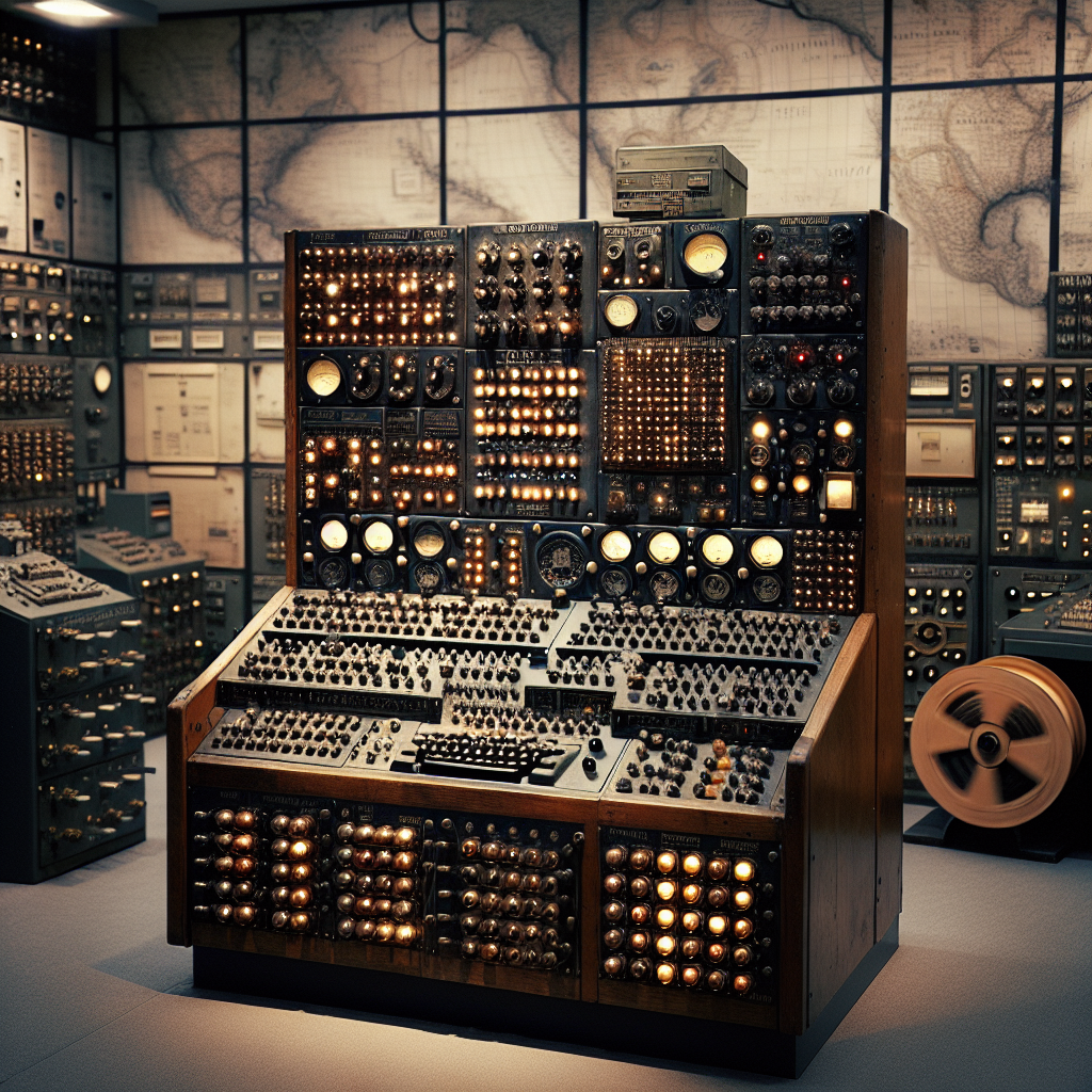 A detailed depiction of an antiquated computer from the World War 2 era, cluttered with myriad knobs, blinking lights, and chunky keys. It is placed in a room devoid of modern technology, with the walls lined with vintage war maps. The computer hums with activity as unseen data is processed, paper reels spinning rapidly as code is decrypted. The atmosphere is intense, yet subdued as if something monumental is slowly unfolding.