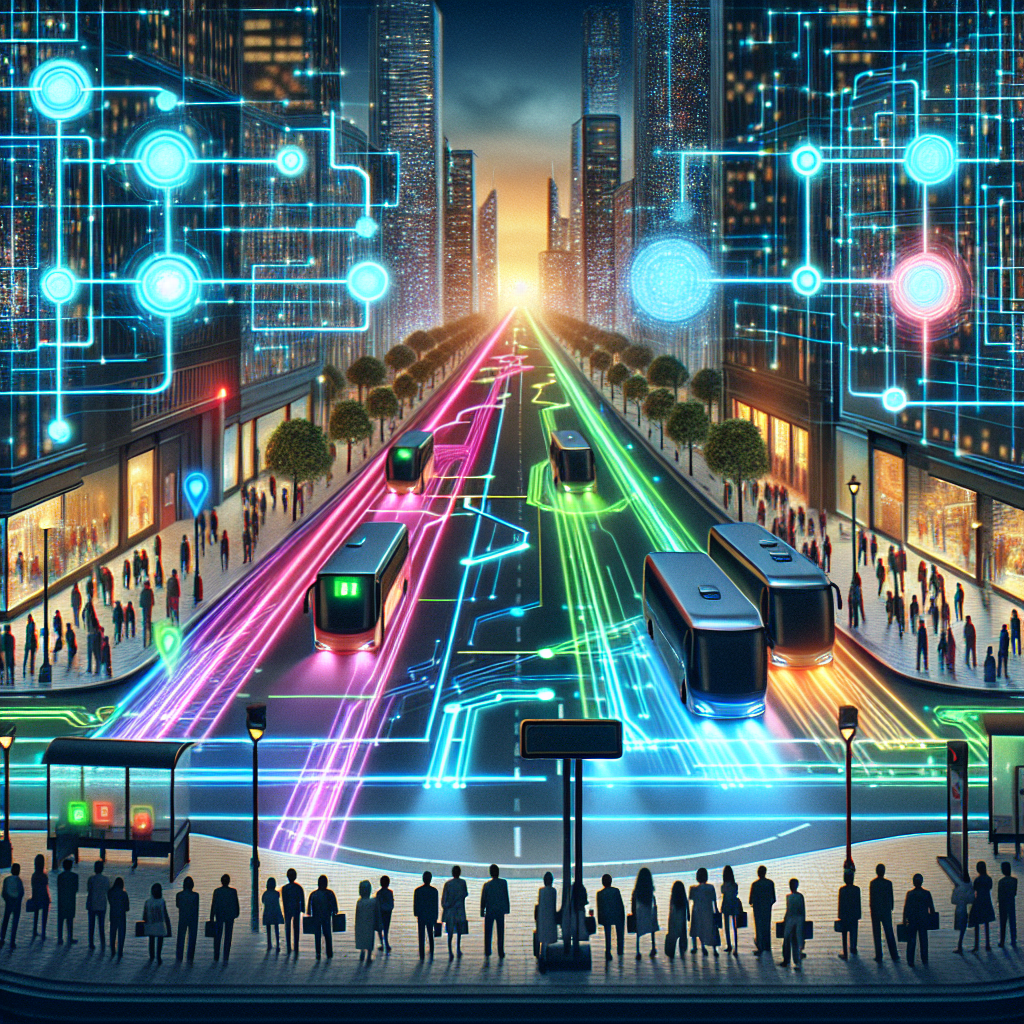 An illustration of artificial intelligence technology at work in a city street. Visualize a futuristic cityscape bustling with people of varying descents such as Caucasian, Black, and Hispanic. In the foreground, depict a queue of people waiting at a bus stop. Display three buses approaching from the distance, each at a considerable distance from each other on well-defined, distinct routes. On the topmost part of the image, suggest a digital grid overlay symbolizing AI coordination, with brightly colored lines connecting each bus to a centralized, glowing node symbolizing the AI hub. This hub could look like a blend of neon light and circuit board diagram. The buses, represented by the light lines, follow a smooth trajectory avoiding bus bunching.