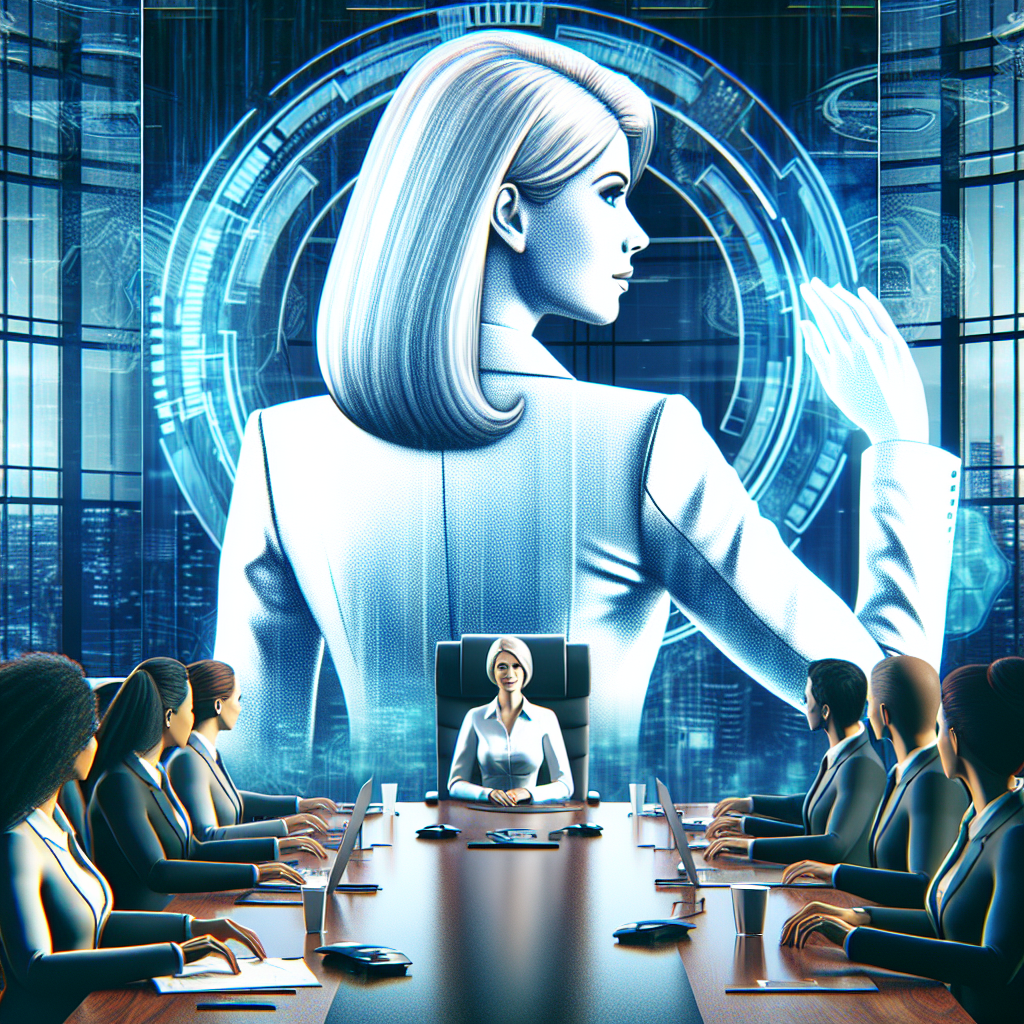 Illustrate an image representing a high-profile female executive, with medium-length blonde hair and wearing professional attire, relinquishing her seat at a boardroom table, signifying her stepping down from her position. The table is located in a high tech modern office, with the logo of a major technology corporation - symbolized by a blue and white, abstract 3D shape. The office is bustling with activity with coworkers of various genders and descents working diligently on high-tech devices.