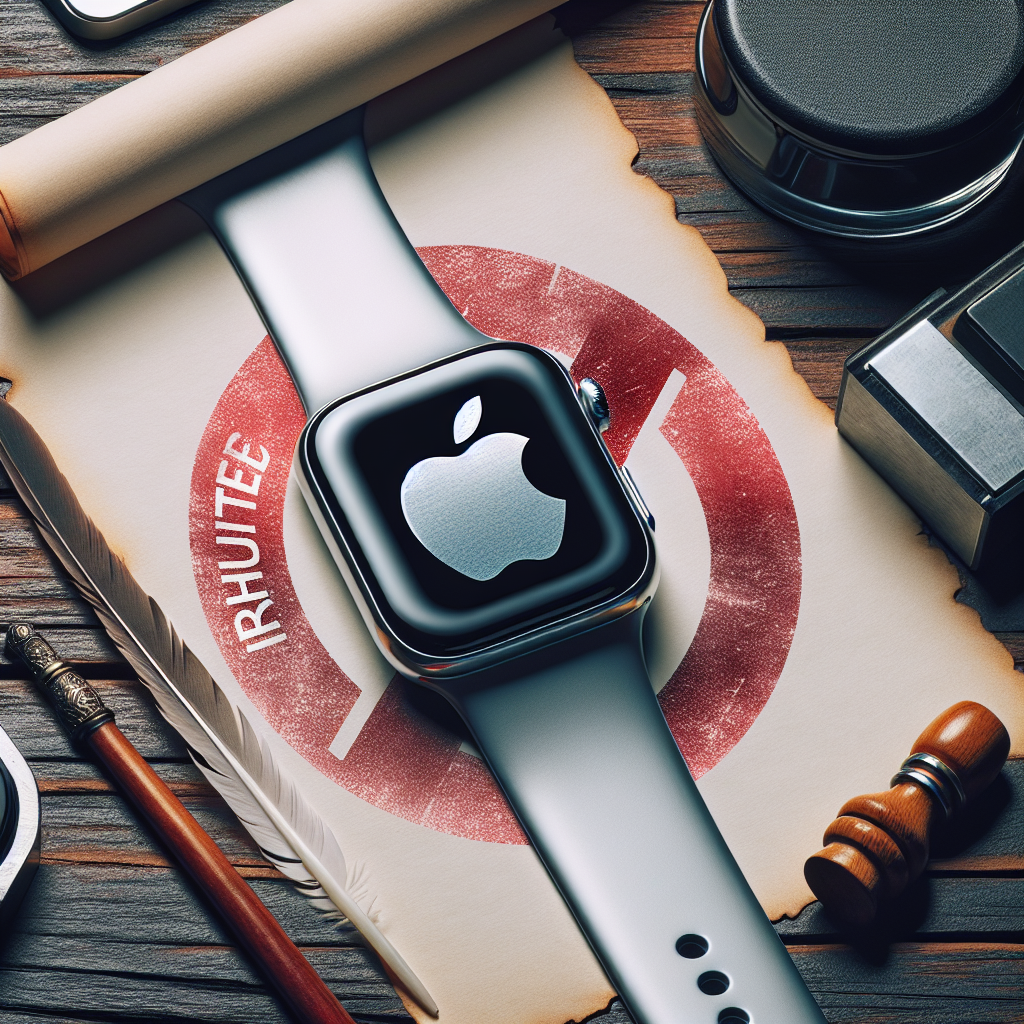 Illustrate a pristine, silver smartwatch with an apple logo on its black digital screen placed on a wooden table. Next to it, lay a rolled-up parchment with a red 'prohibited' sign stamped on it, indicating the concept of a ban. A feather quill and ink pot should be nearby as a reference to the legal proceedings, all against a backdrop of a mix of contemporary and traditional office items to symbolize the intersection of tech and law.