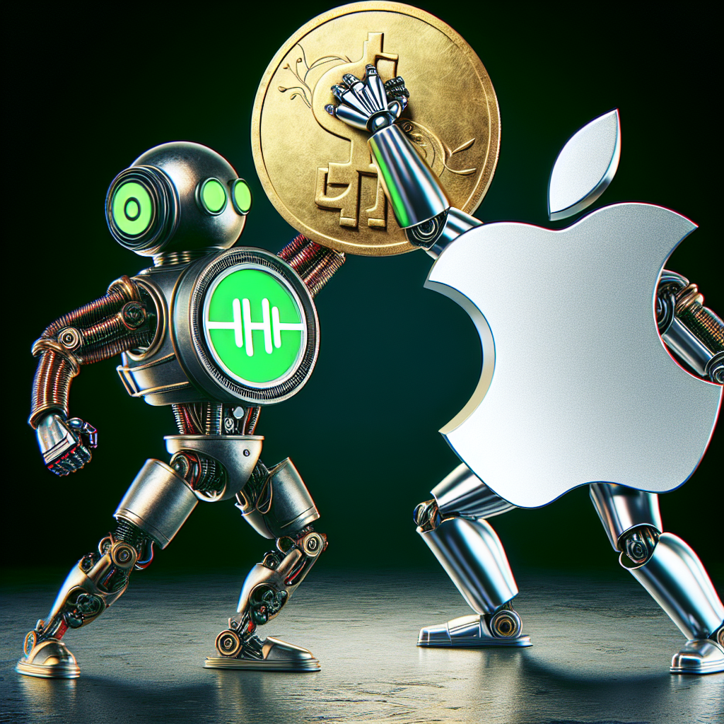 Create an image depicting an intense and symbolic conflict between two tech-themed giants represented as unconventional robots. One robot should be designed around the theme of music, symbolizing a streaming service, with an emblem of a round green circle with three curvy lines, signifying sound waves. The other robot should be painted solid silver and adorned with a large apple-shaped emblem on its chest plate. The apple-themed robot is seen taking a 27% chunk out of a gold coin held by the music-themed robot, symbolizing the concept of commission.