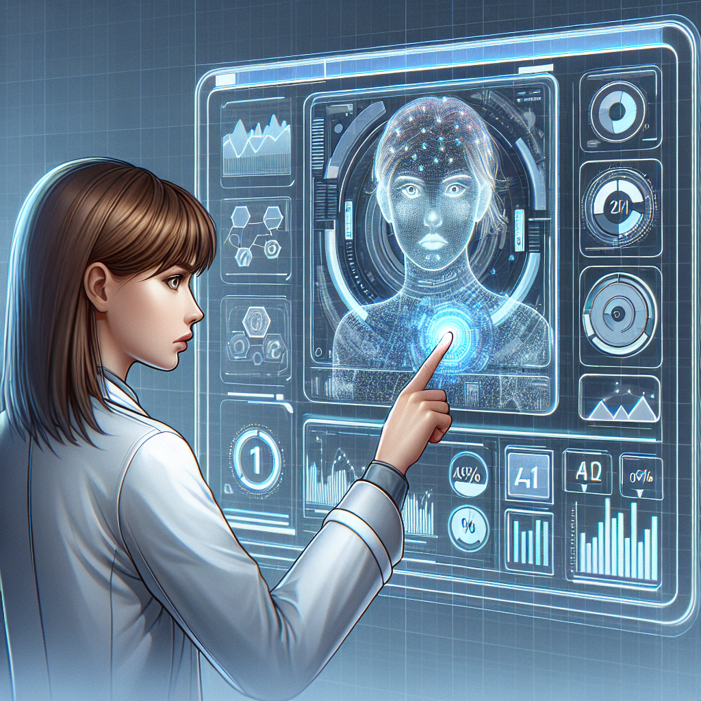 Illustrate a technological scenario envisioning a human figure concernedly examining a futuristic artificial intelligence or AI interface screen that is displaying variable data points. This futuristic AI system should be illustrated as a large transparent holographic screen, containing various charts, graphs, and percentages which are all symbols of analytics. The human figure, a Caucasian woman with brown hair in a scientist's lab coat, should be pointing critically at this AI interface. The interaction between the human and the AI system should denote a sense of mistrust, confusion or disbelief, representing the theme of an AI potentially giving misleading information about a person.