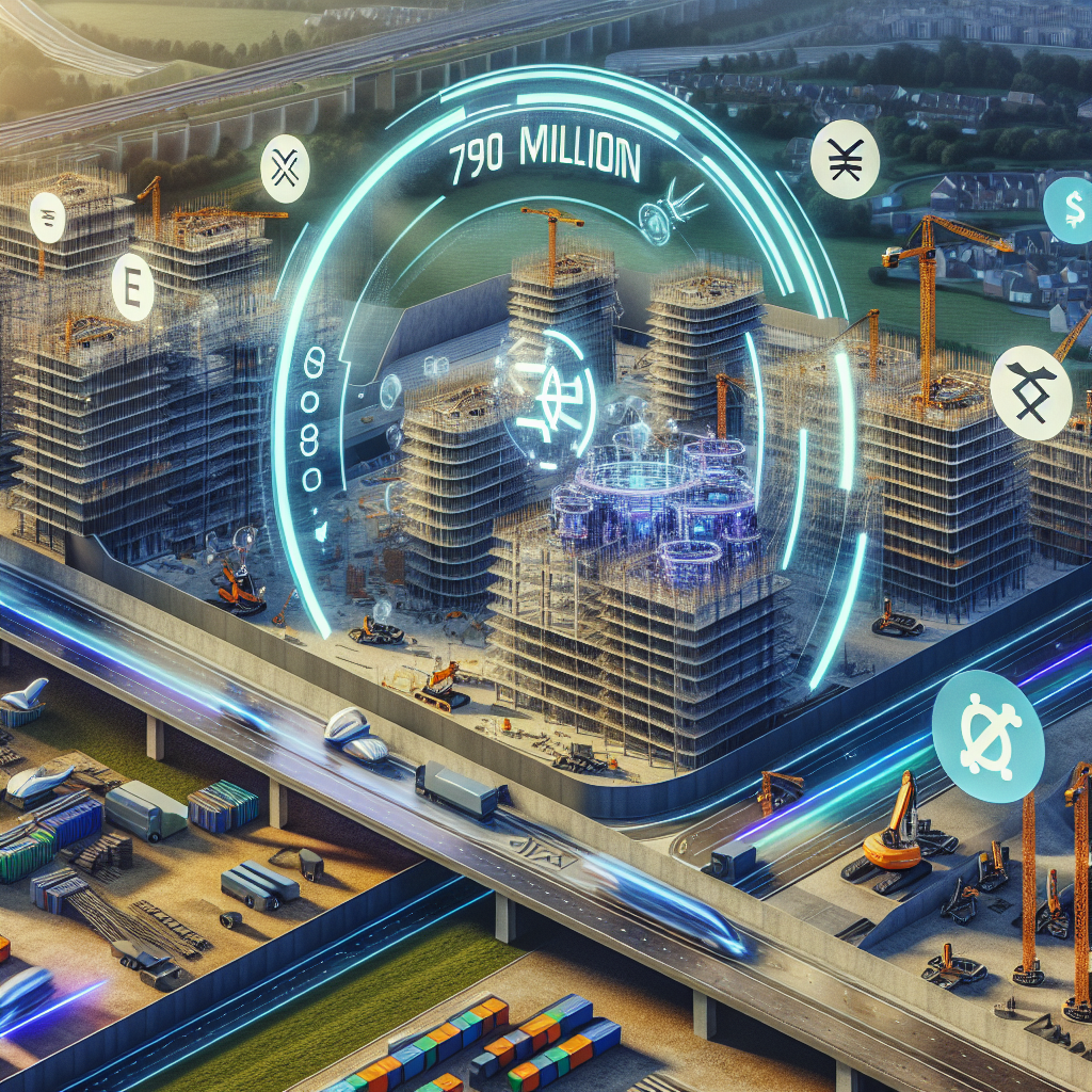 An image depicting a futuristic construction site where advanced machines and drones are erecting cutting-edge buildings. The site is located in the picturesque and historic county of Hertfordshire, England. Prominent currency and cost symbols indicate a budget of 790 million, showcasing the massive scale of the project. The site signage showcases a tech company logo, a universal symbol for search, indicating that a renowned tech company is behind the construction.