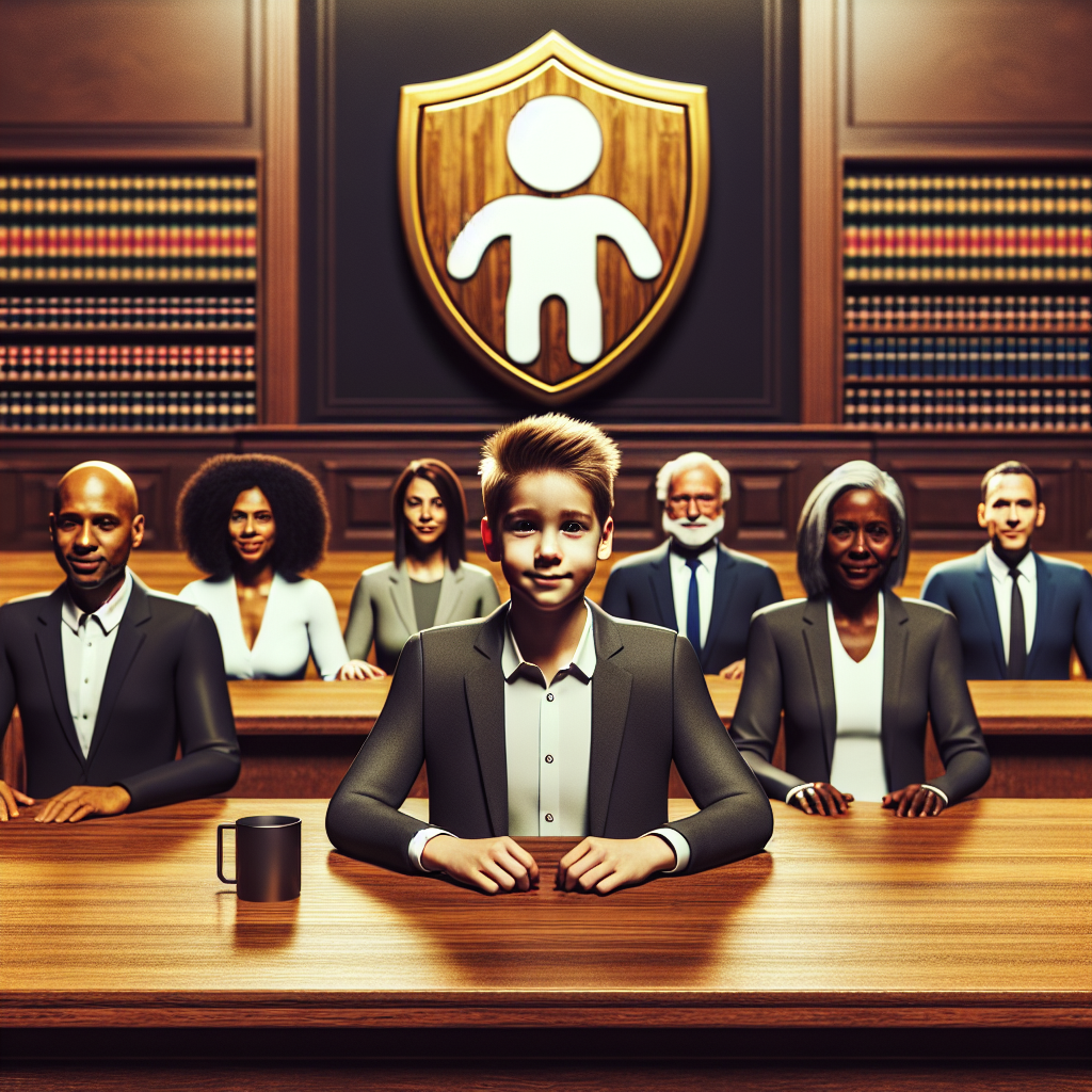 A generic tech CEO, characterized by a youthful Caucasian appearance, sitting at a large oak table in a court-like setting. Across the room, other tech executives, embodying diversity with the inclusion of a South Asian woman and a Black man, are similarly positioned. In between them, a symbol of child safety, such as a big, golden shield with a white, stylized image of a child in the center. This setting serves to reflect the ongoing discussion about child safety in digital platforms.